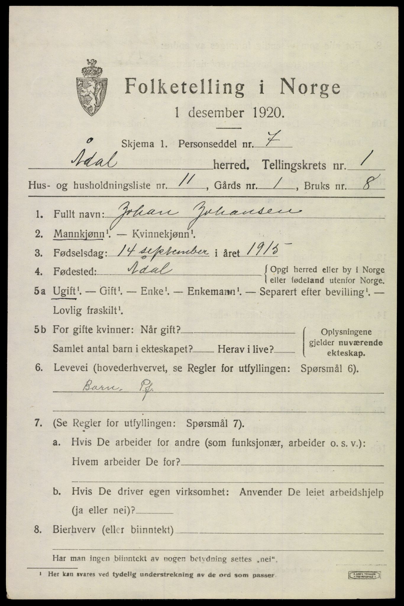 SAKO, 1920 census for Ådal, 1920, p. 1346