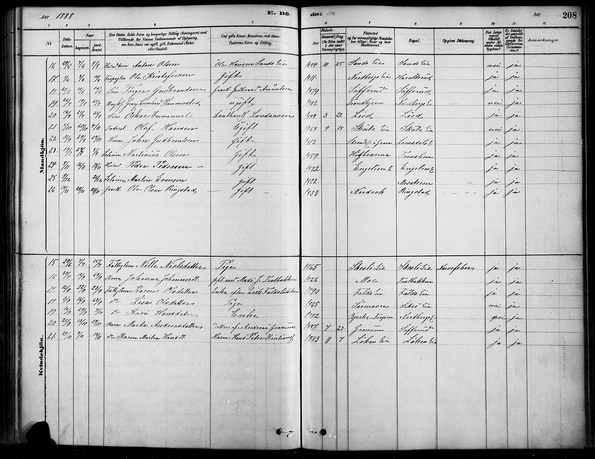 Søndre Land prestekontor, SAH/PREST-122/K/L0003: Parish register (official) no. 3, 1878-1894, p. 208
