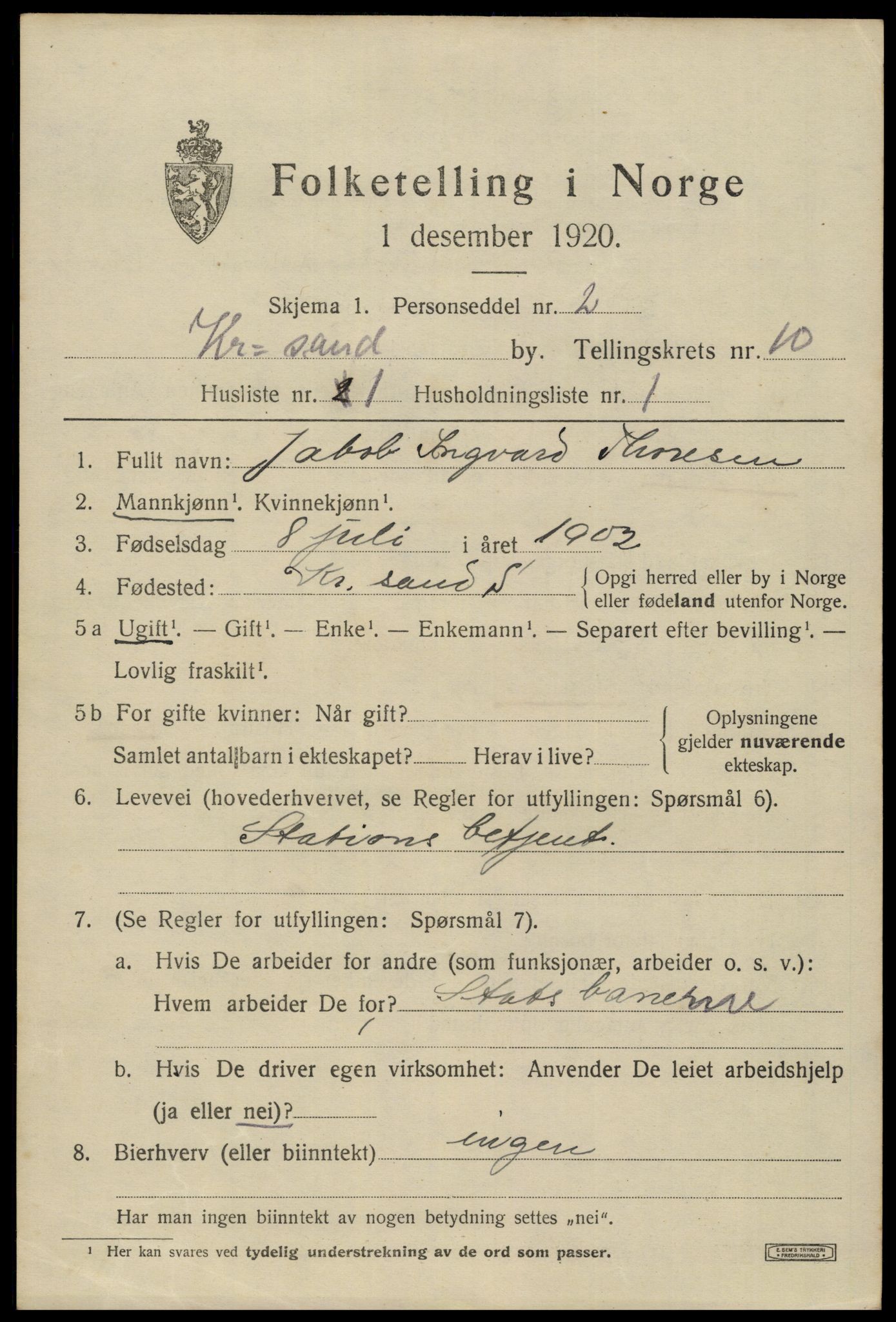 SAK, 1920 census for Kristiansand, 1920, p. 23599