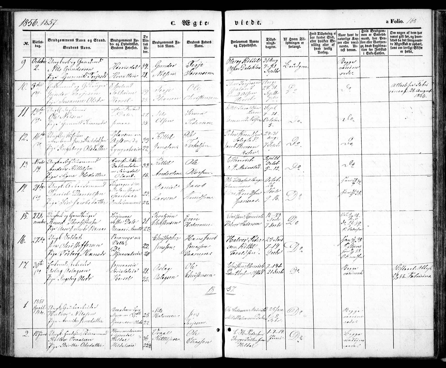 Froland sokneprestkontor, SAK/1111-0013/F/Fa/L0002: Parish register (official) no. A 2, 1845-1863, p. 168