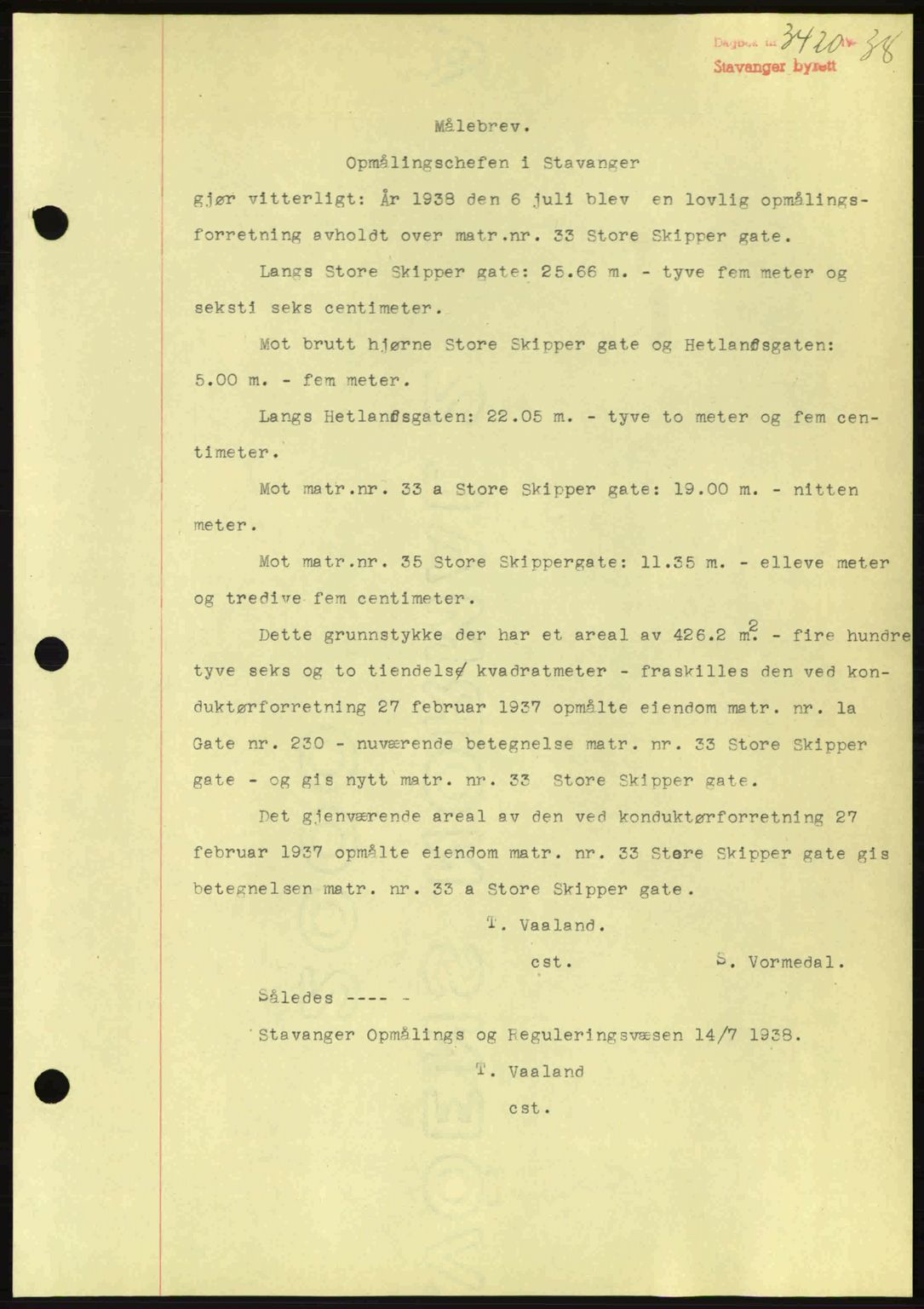 Stavanger byrett, SAST/A-100455/002/G/Gb/L0014: Mortgage book no. A4, 1938-1939, Diary no: : 3420/1938