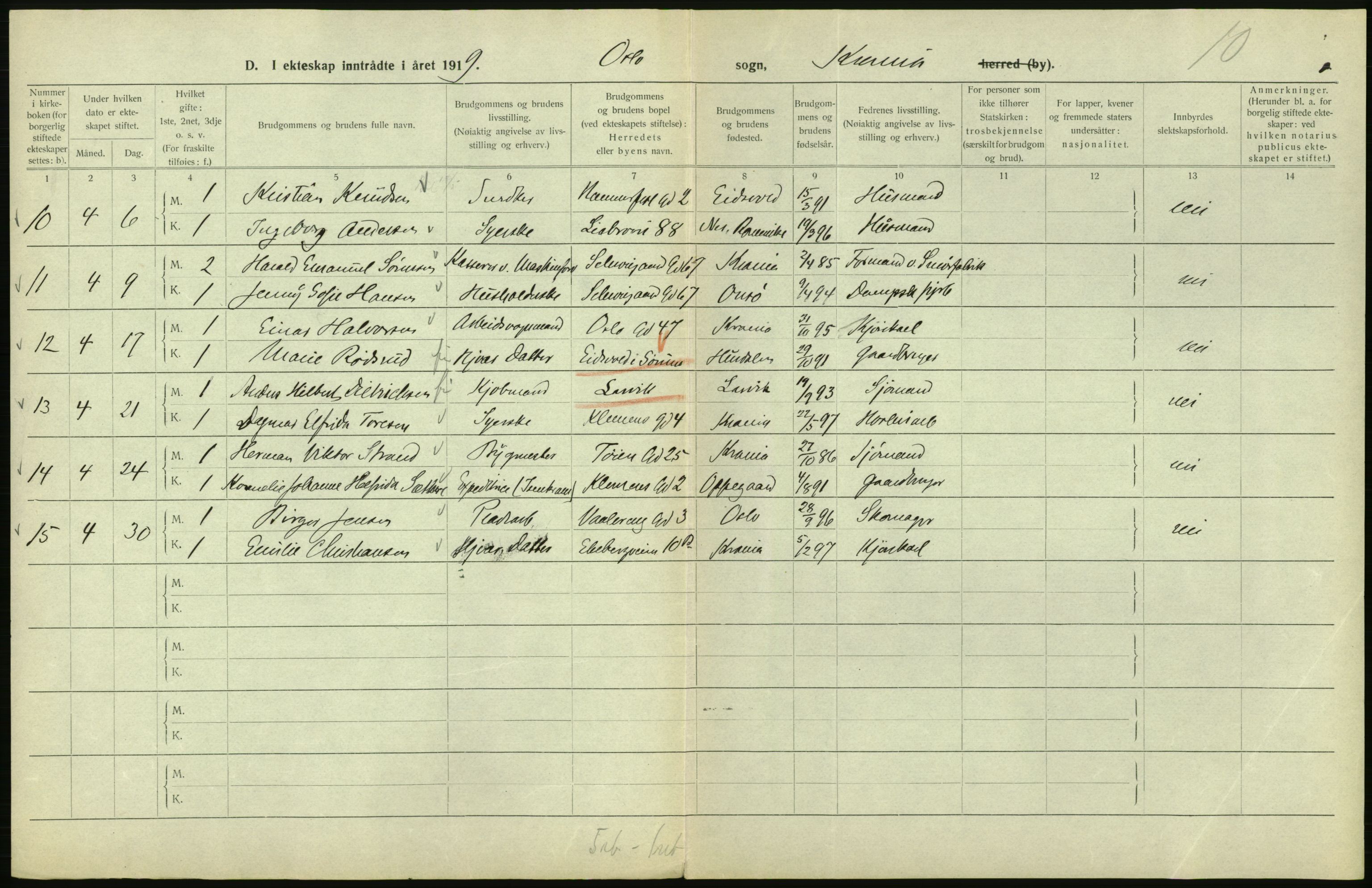 Statistisk sentralbyrå, Sosiodemografiske emner, Befolkning, AV/RA-S-2228/D/Df/Dfb/Dfbi/L0009: Kristiania: Gifte, 1919, p. 482