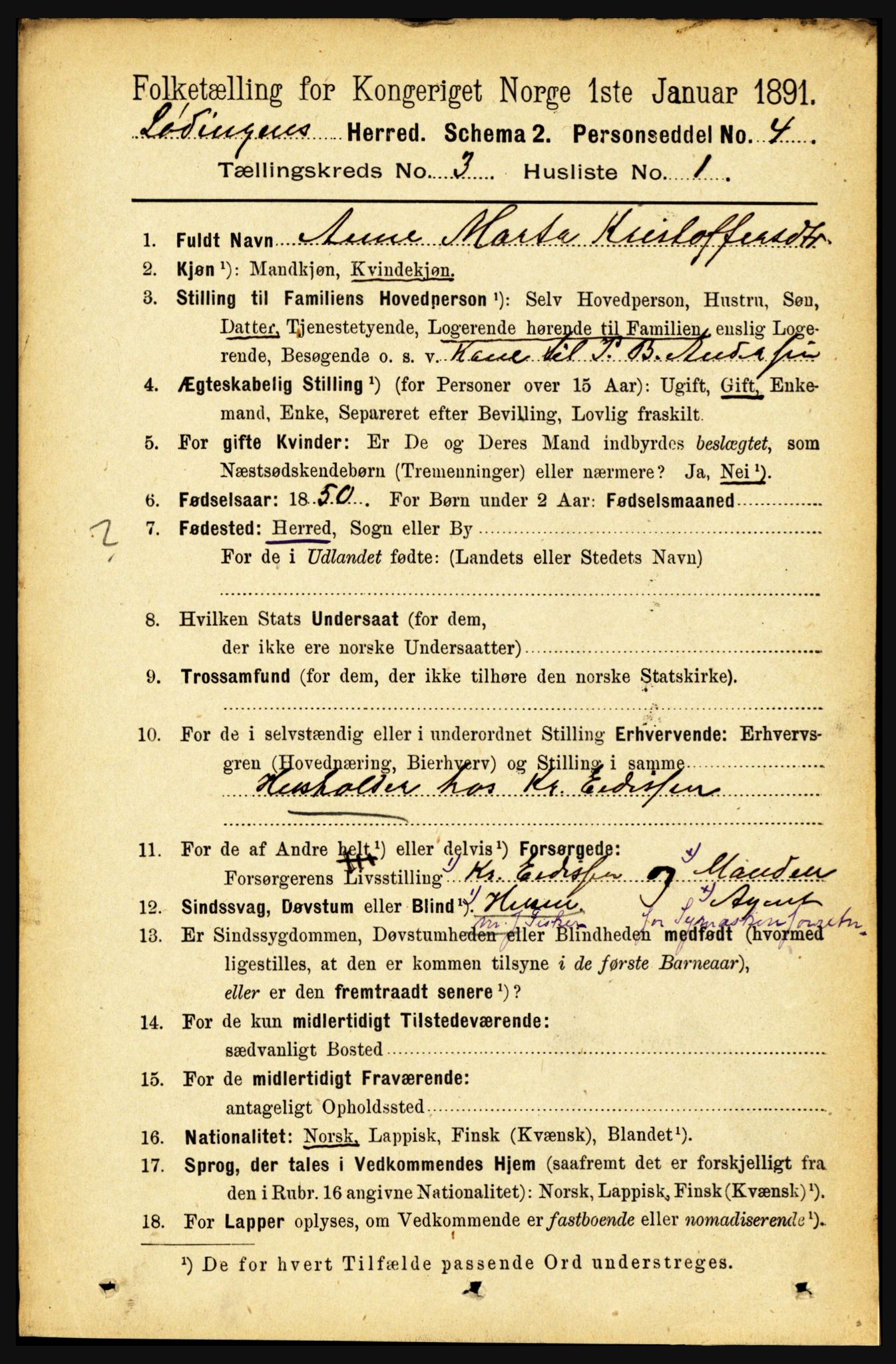 RA, 1891 census for 1851 Lødingen, 1891, p. 1380