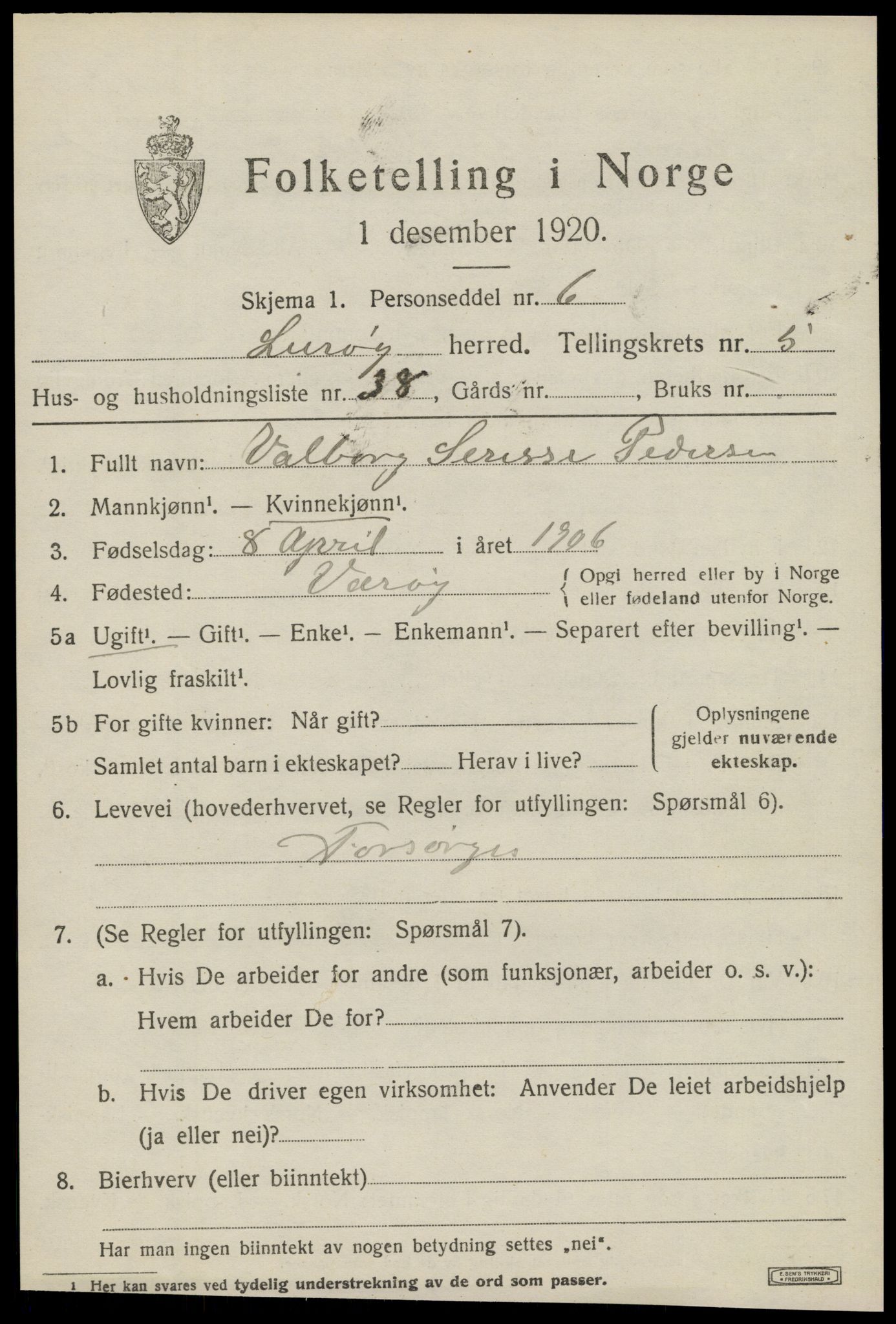 SAT, 1920 census for Lurøy, 1920, p. 3033