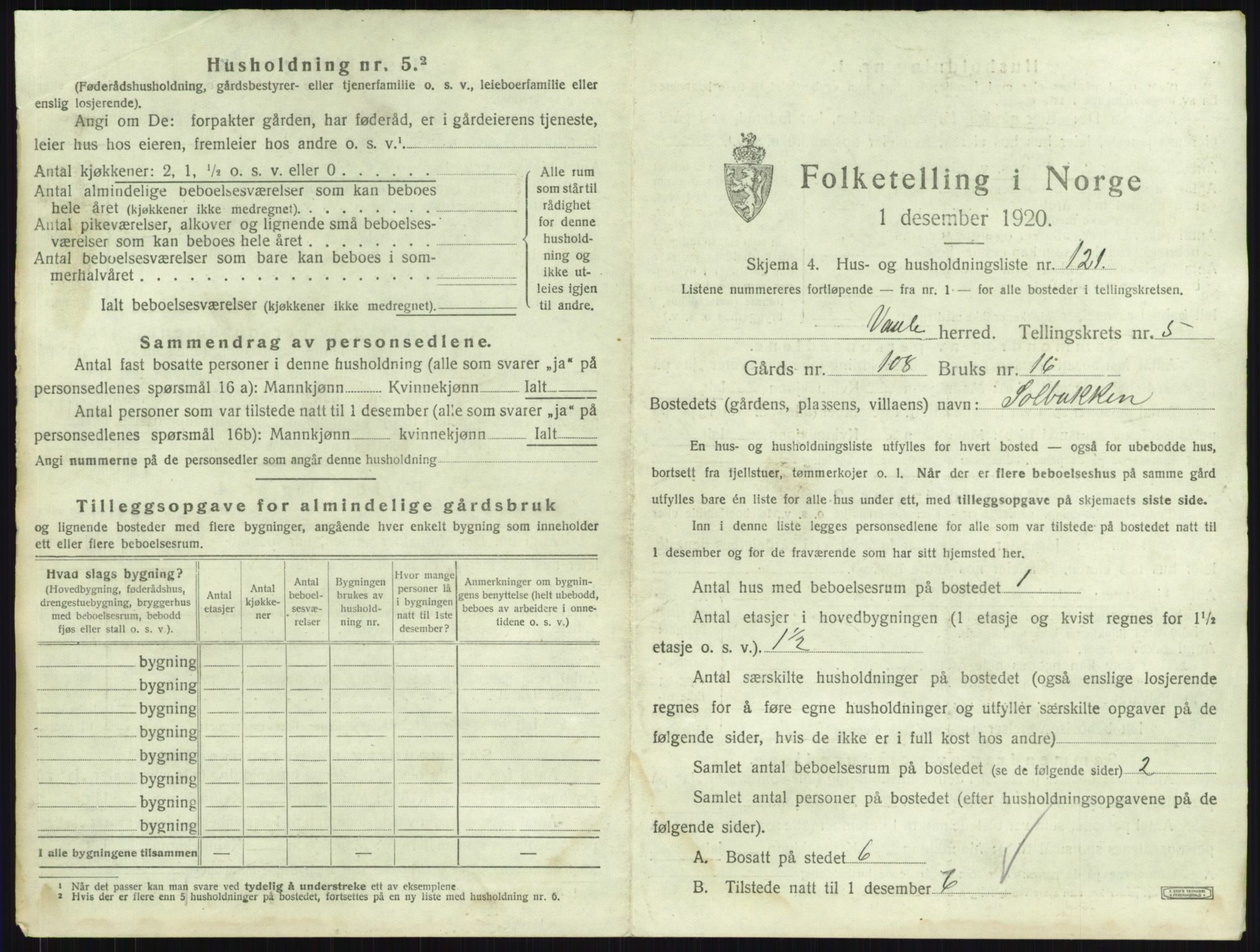 SAKO, 1920 census for Våle, 1920, p. 745