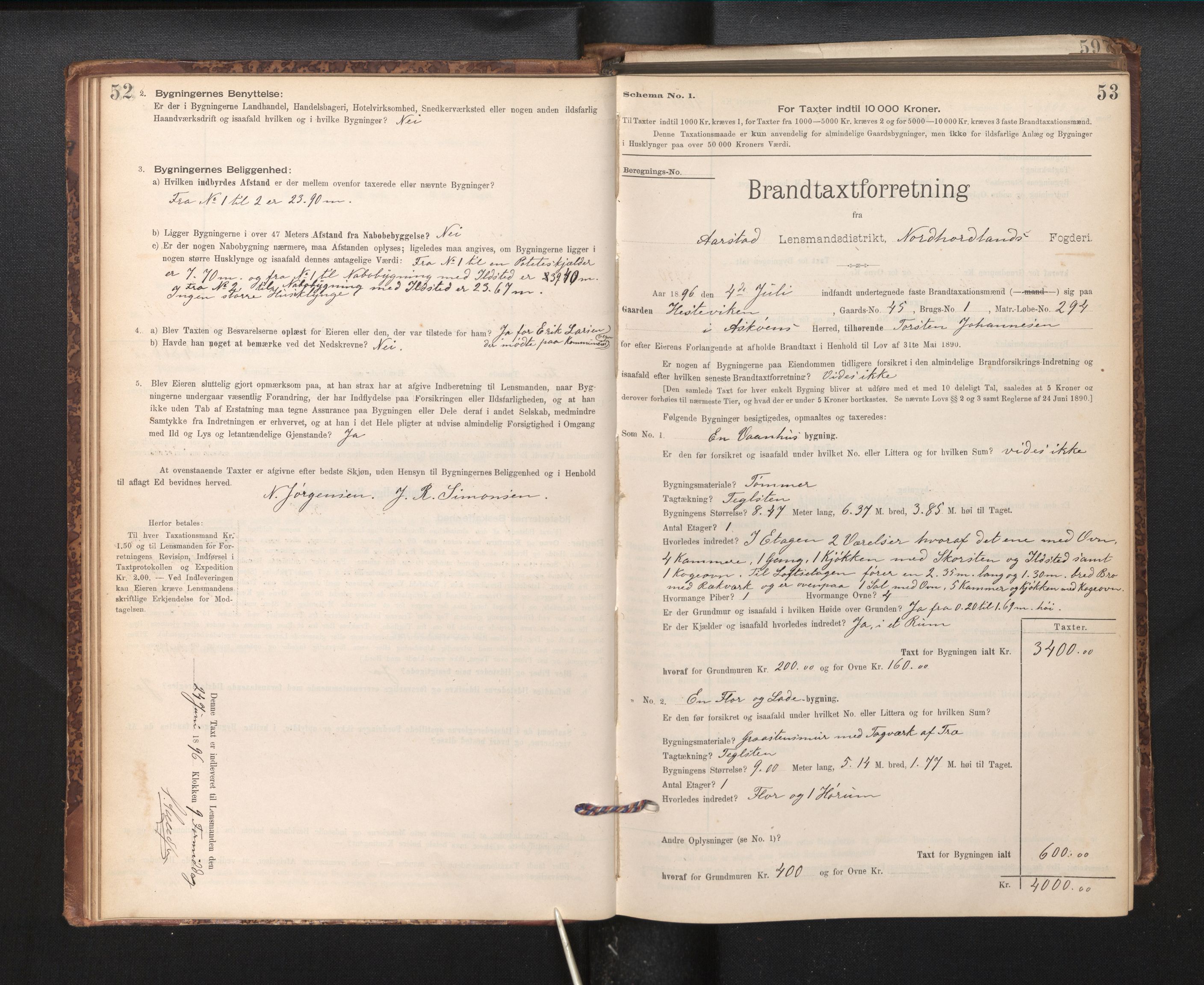 Lensmannen i Årstad, AV/SAB-A-36201/0012/L0011: Branntakstprotokoll,skjematakst, 1895-1901, p. 52-53