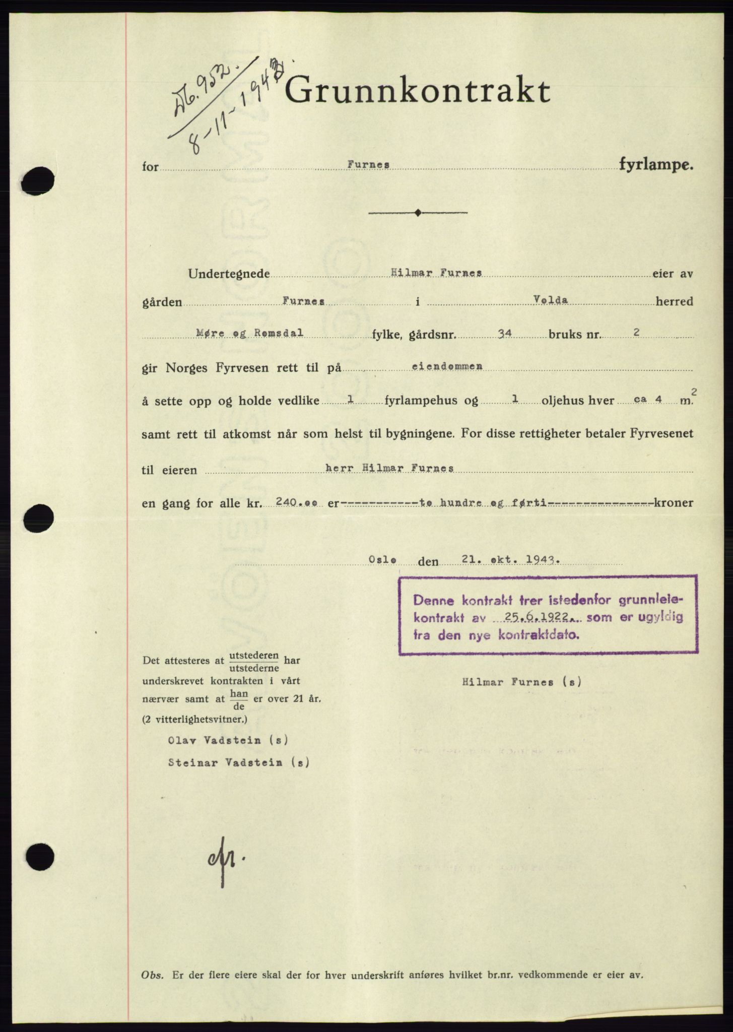 Søre Sunnmøre sorenskriveri, AV/SAT-A-4122/1/2/2C/L0075: Mortgage book no. 1A, 1943-1943, Diary no: : 952/1943