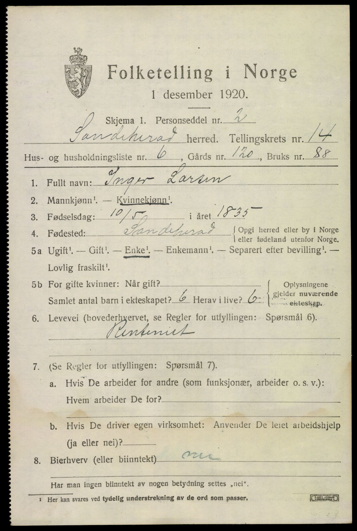 SAKO, 1920 census for Sandeherred, 1920, p. 20246