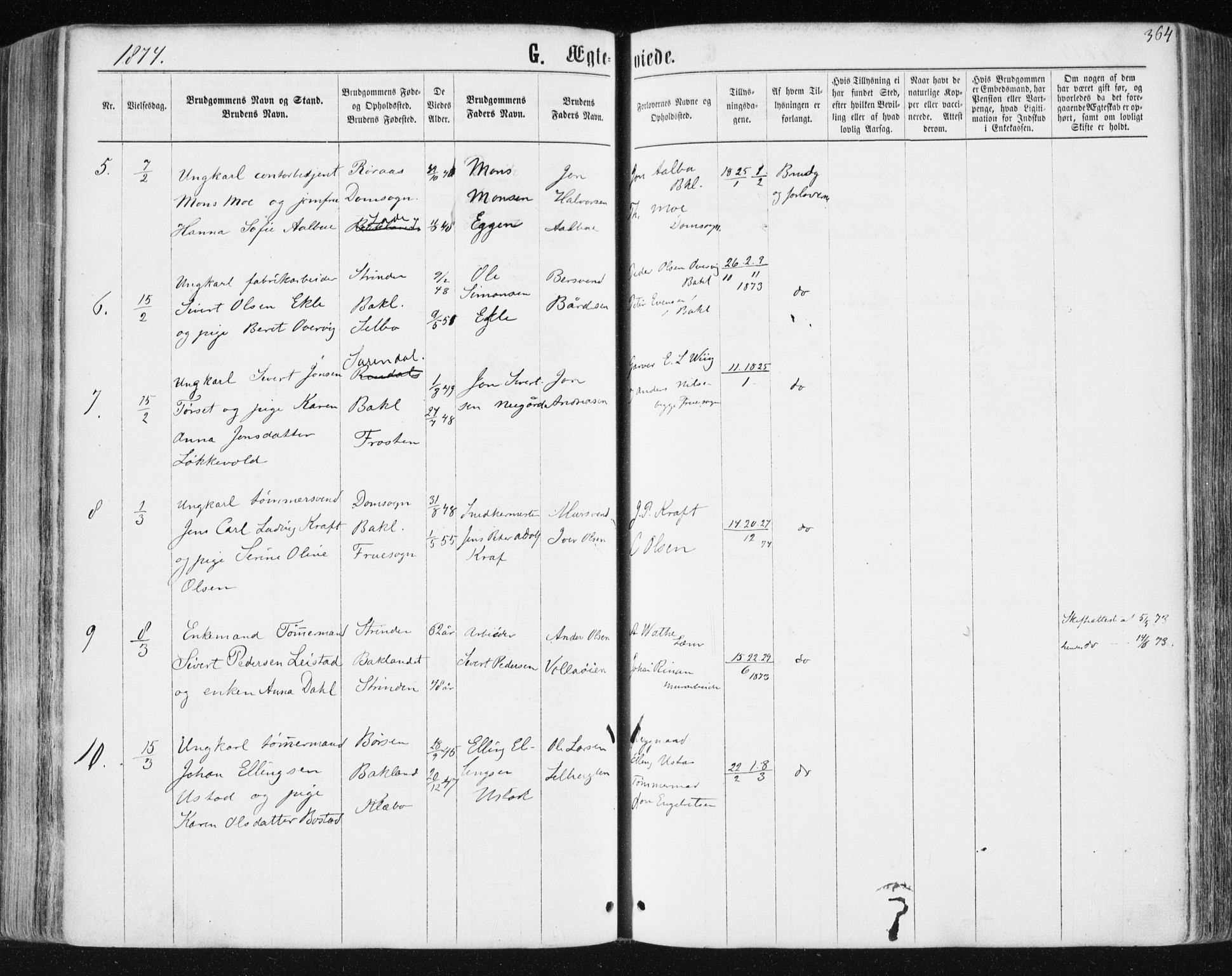 Ministerialprotokoller, klokkerbøker og fødselsregistre - Sør-Trøndelag, SAT/A-1456/604/L0186: Parish register (official) no. 604A07, 1866-1877, p. 364