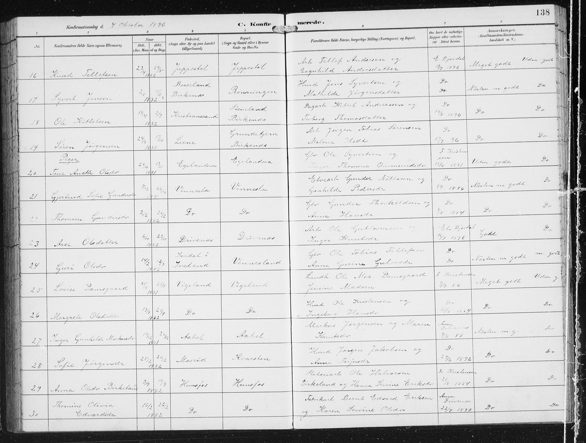 Vennesla sokneprestkontor, AV/SAK-1111-0045/Fb/Fbb/L0004: Parish register (copy) no. B 4, 1893-1902, p. 138