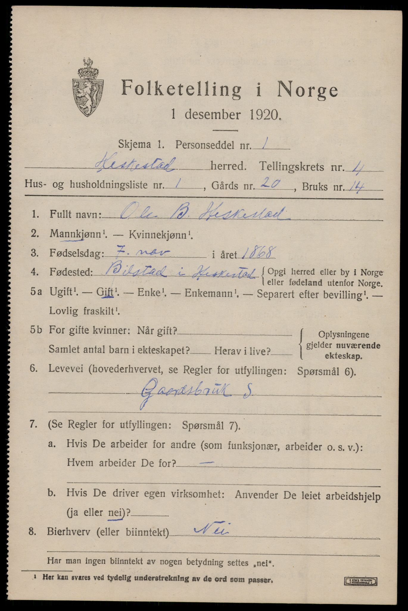 SAST, 1920 census for Heskestad, 1920, p. 1419