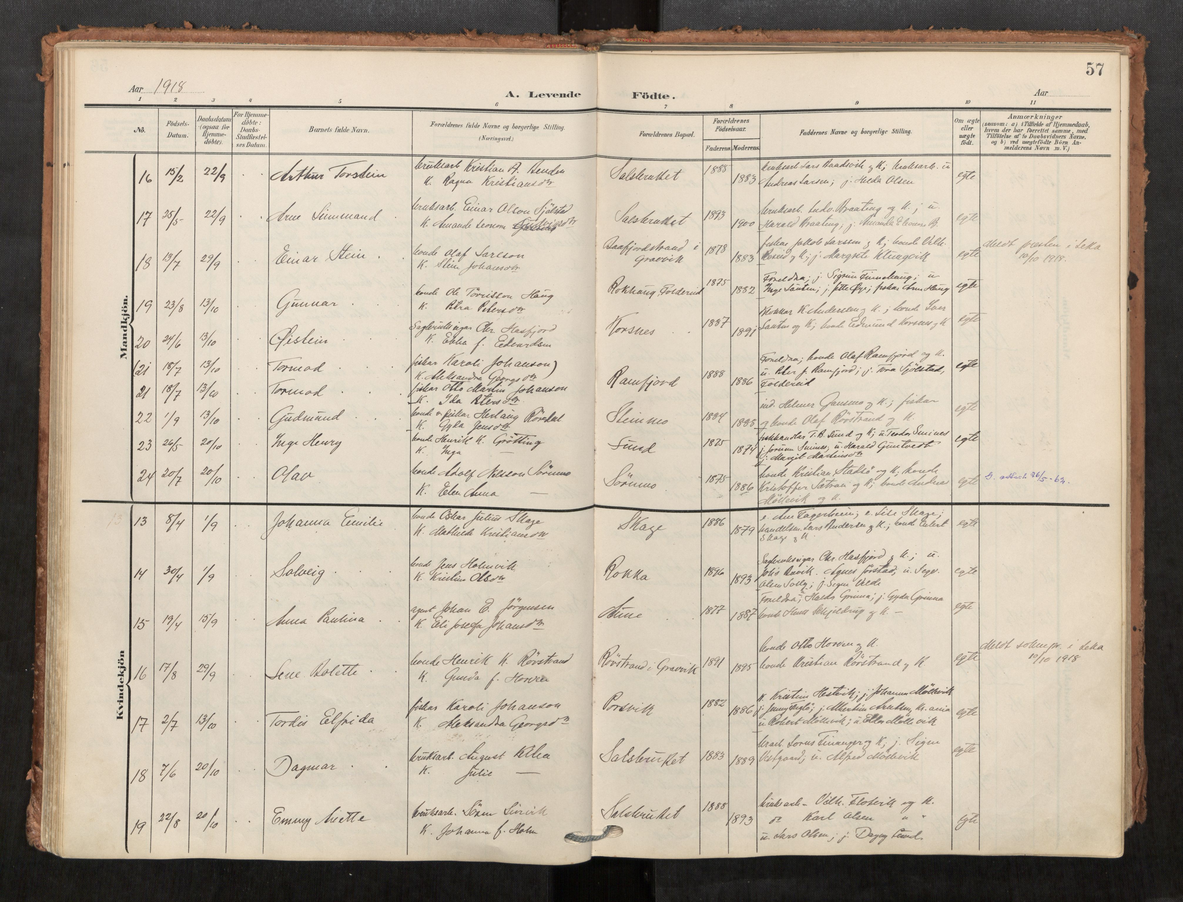 Kolvereid sokneprestkontor, SAT/A-1171/H/Ha/Haa/L0001: Parish register (official) no. 1, 1903-1922, p. 57