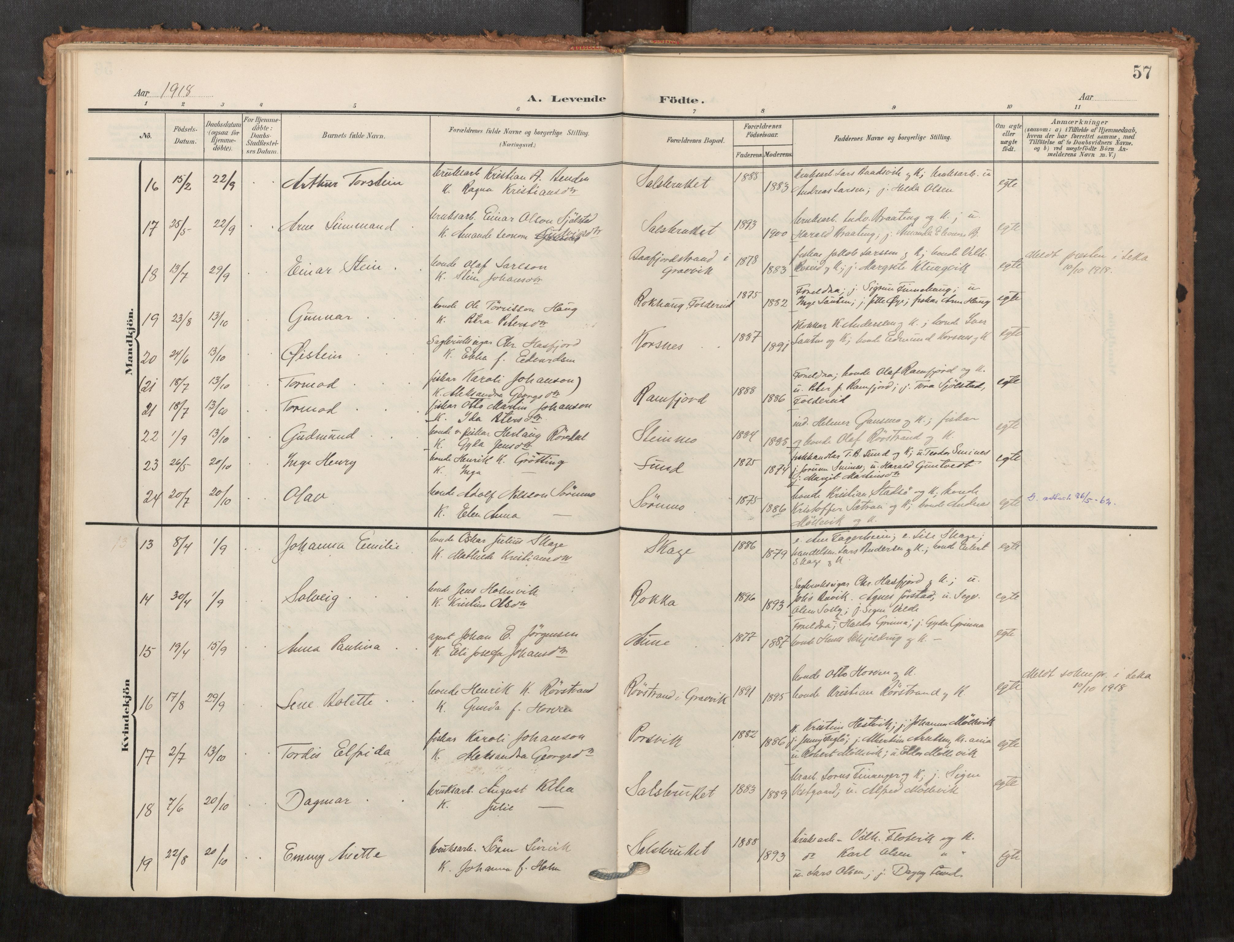 Kolvereid sokneprestkontor, AV/SAT-A-1171/H/Ha/Haa/L0001: Parish register (official) no. 1, 1903-1922, p. 57