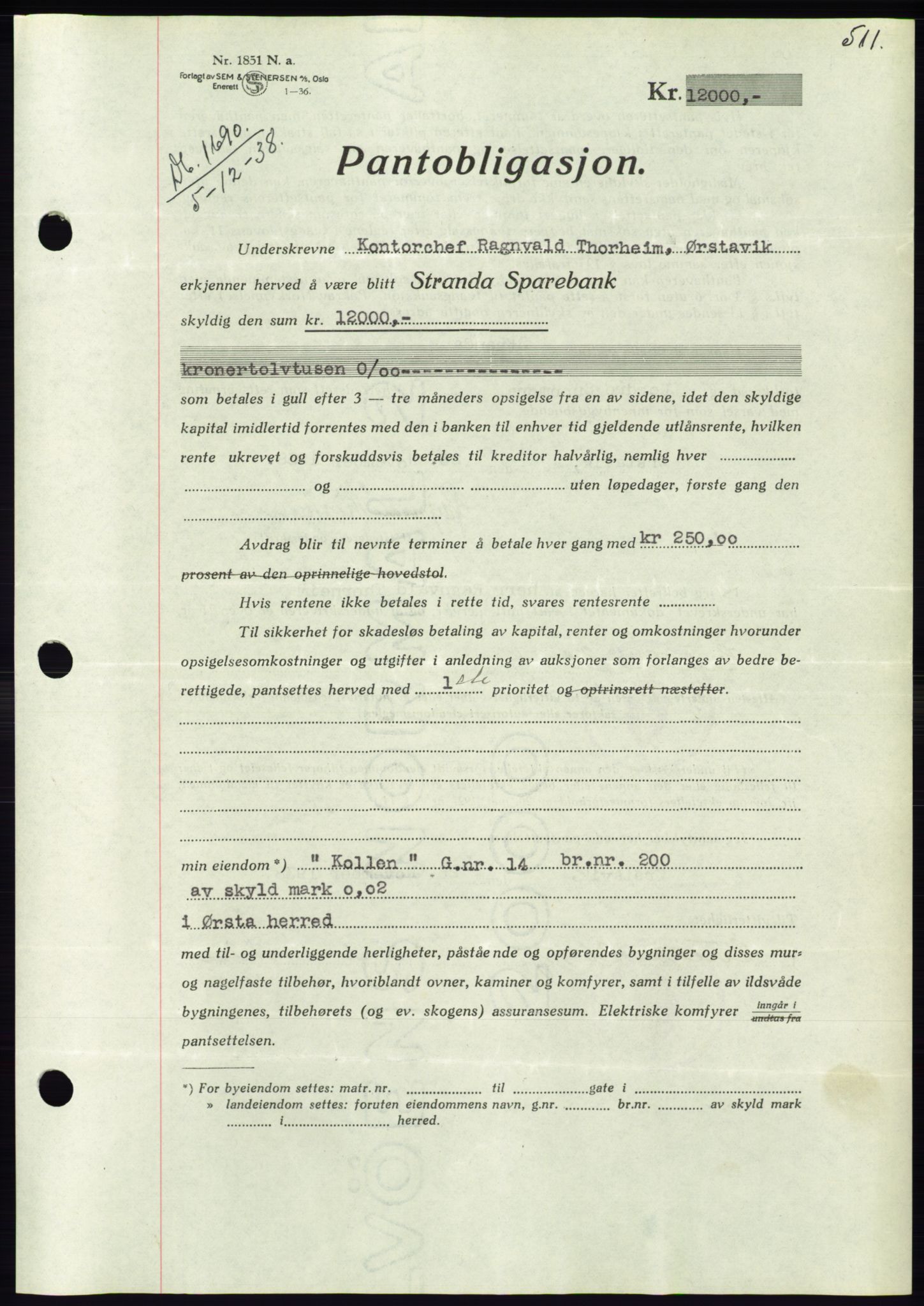 Søre Sunnmøre sorenskriveri, AV/SAT-A-4122/1/2/2C/L0066: Mortgage book no. 60, 1938-1938, Diary no: : 1690/1938