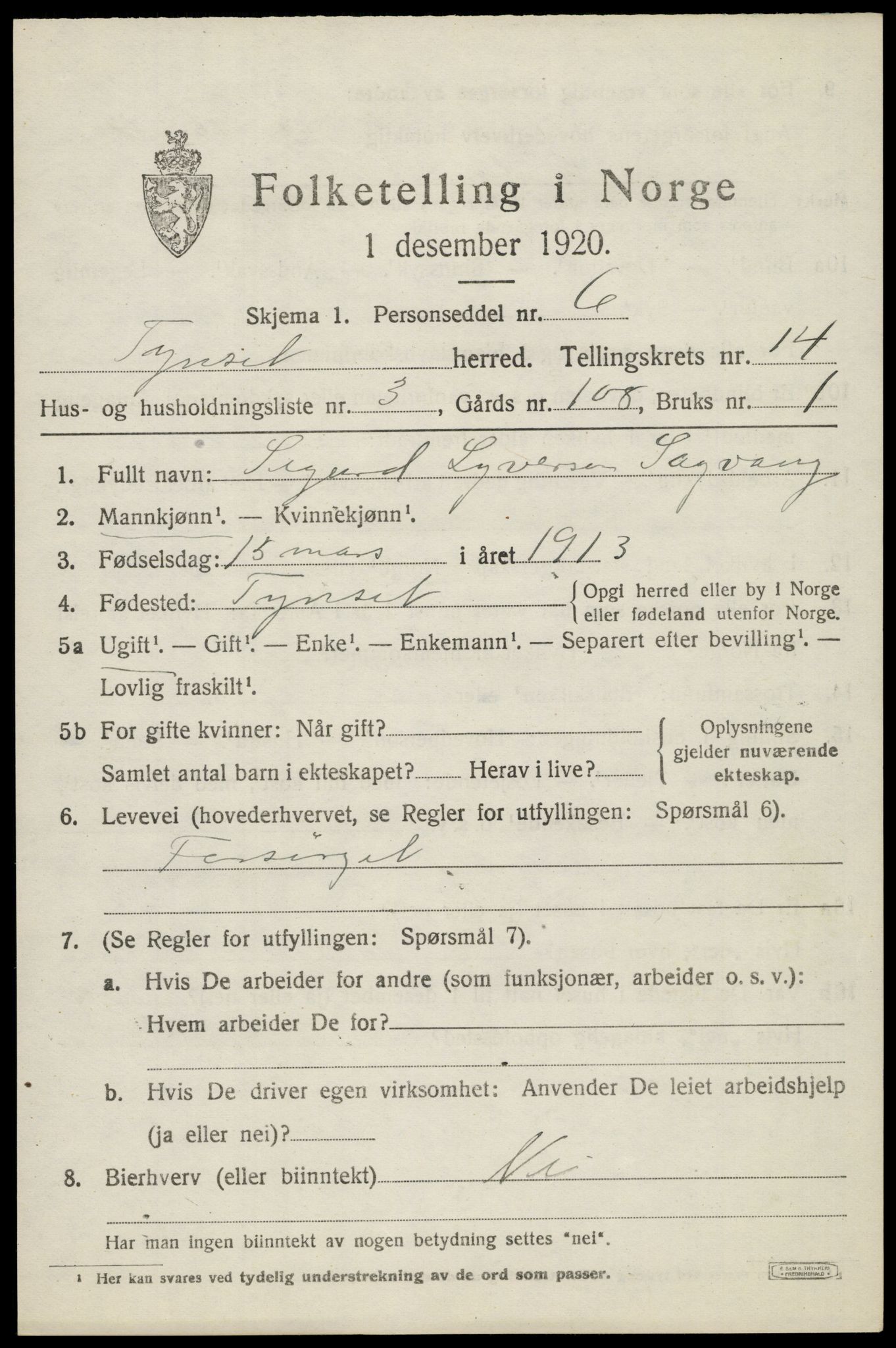 SAH, 1920 census for Tynset, 1920, p. 8958