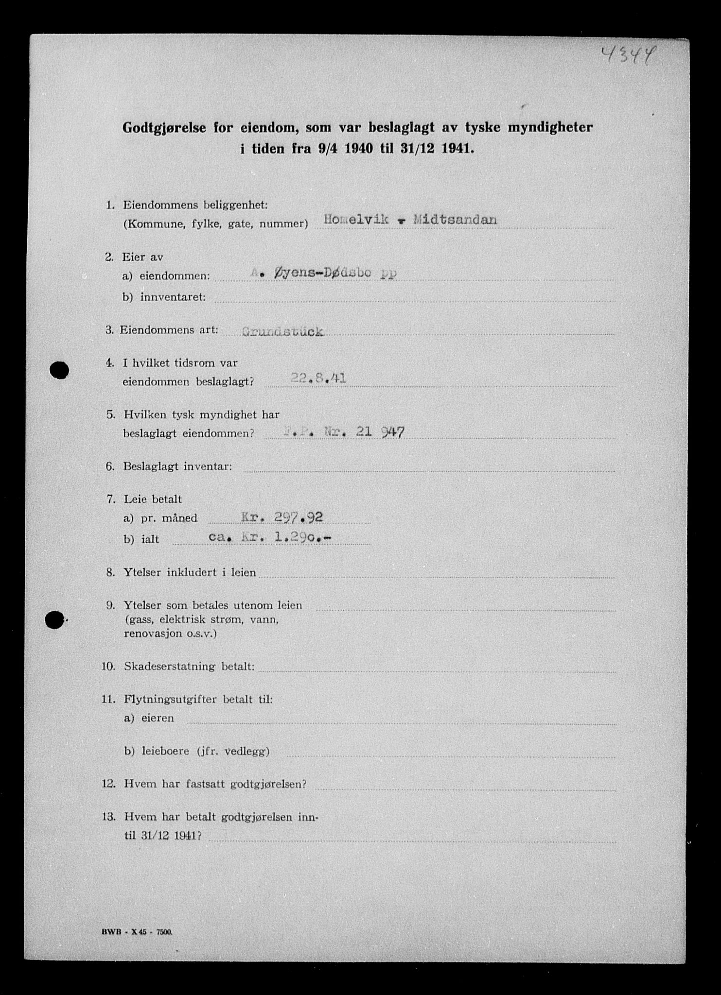 Justisdepartementet, Tilbakeføringskontoret for inndratte formuer, RA/S-1564/I/L1018: Godtgjørelse for beslaglagt eiendom, 1940-1941, p. 360