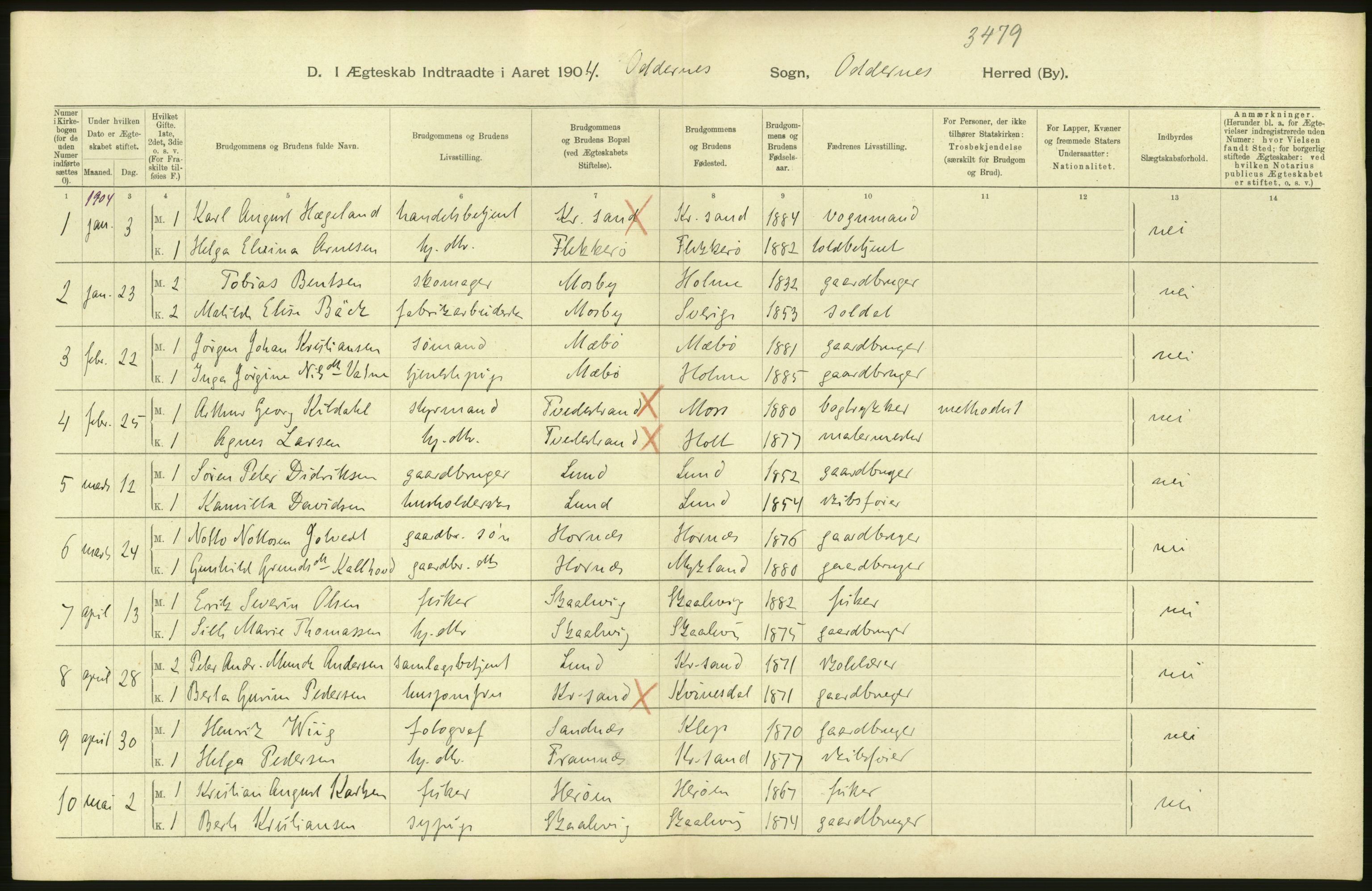 Statistisk sentralbyrå, Sosiodemografiske emner, Befolkning, AV/RA-S-2228/D/Df/Dfa/Dfab/L0011: Lister og Mandals amt: Fødte, gifte, døde, 1904, p. 486