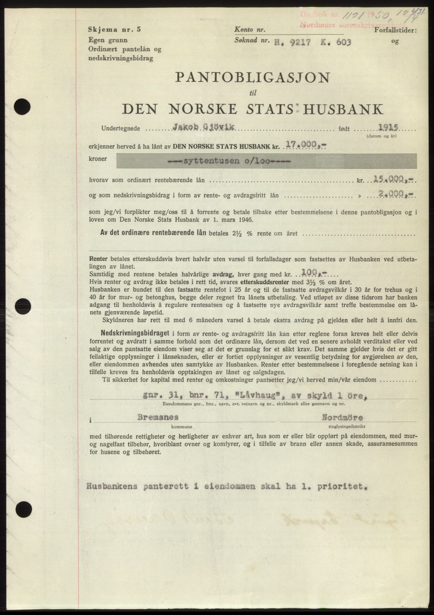 Nordmøre sorenskriveri, AV/SAT-A-4132/1/2/2Ca: Mortgage book no. B104, 1950-1950, Diary no: : 1121/1950