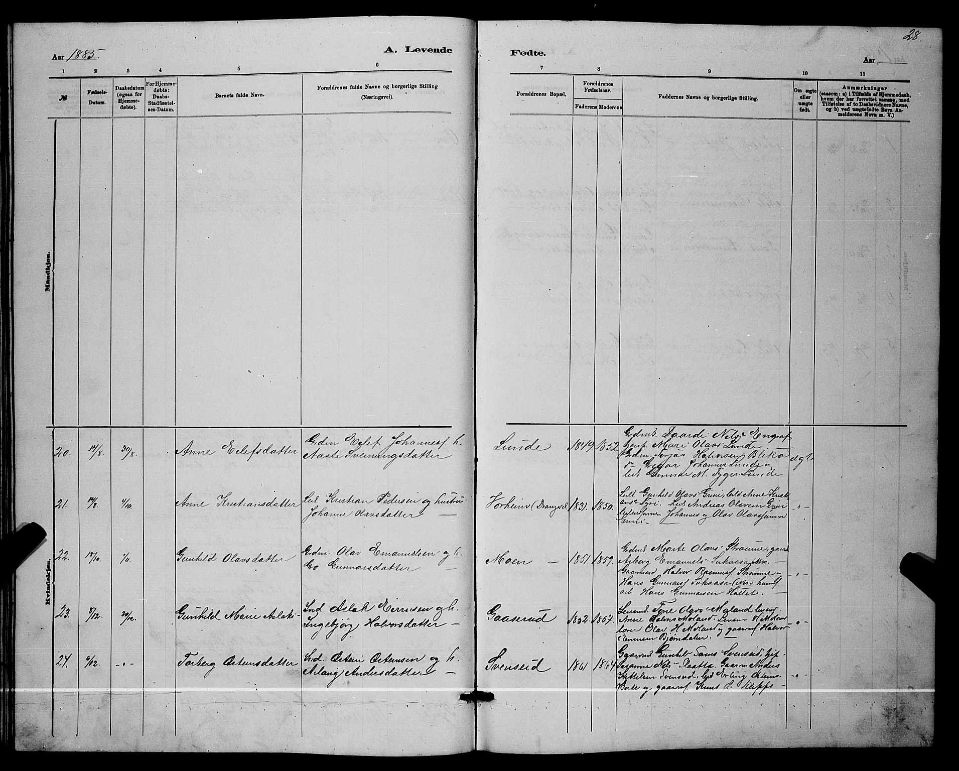 Lunde kirkebøker, AV/SAKO-A-282/G/Ga/L0001b: Parish register (copy) no. I 1, 1879-1887, p. 28