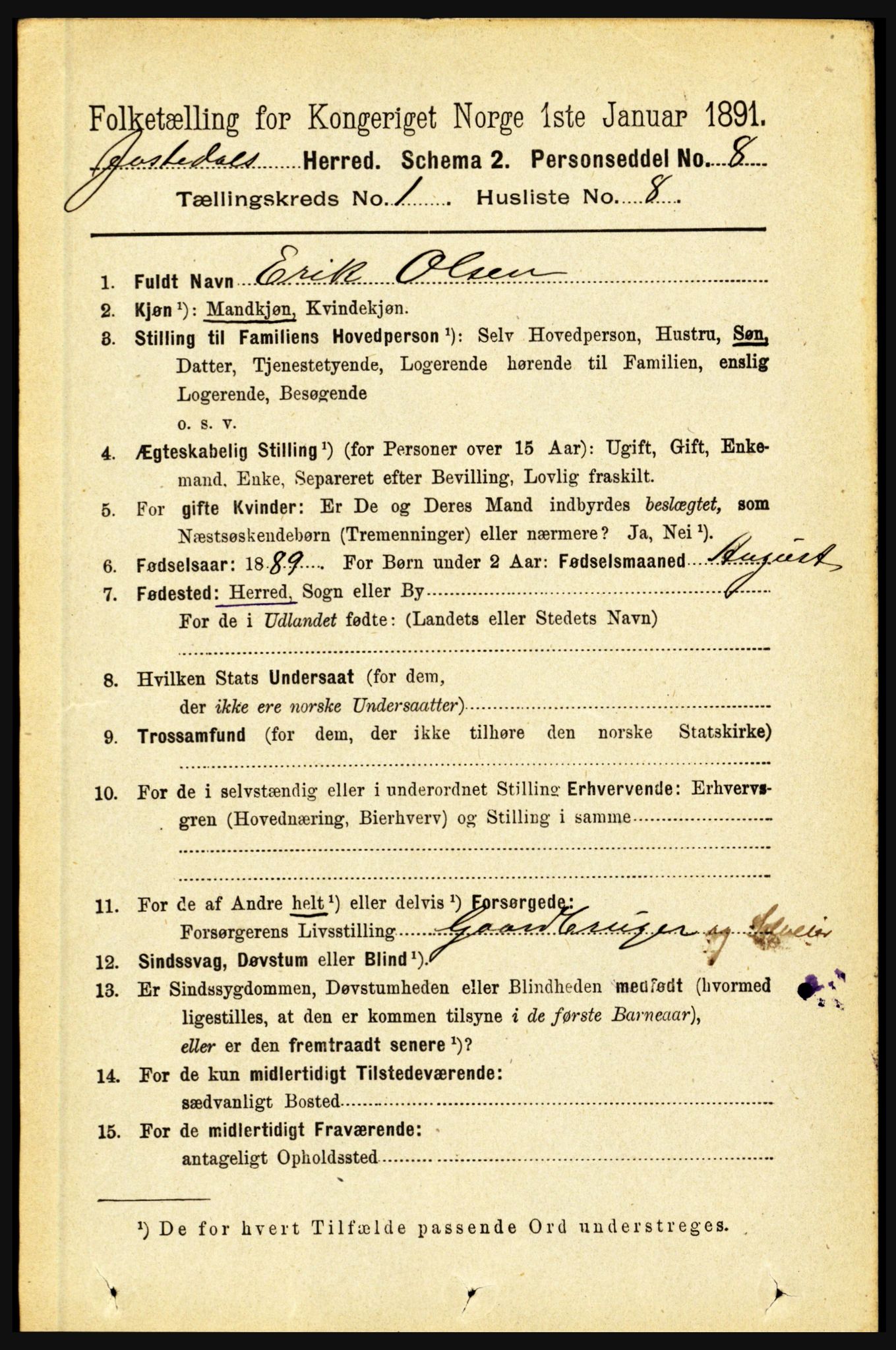 RA, 1891 census for 1427 Jostedal, 1891, p. 129