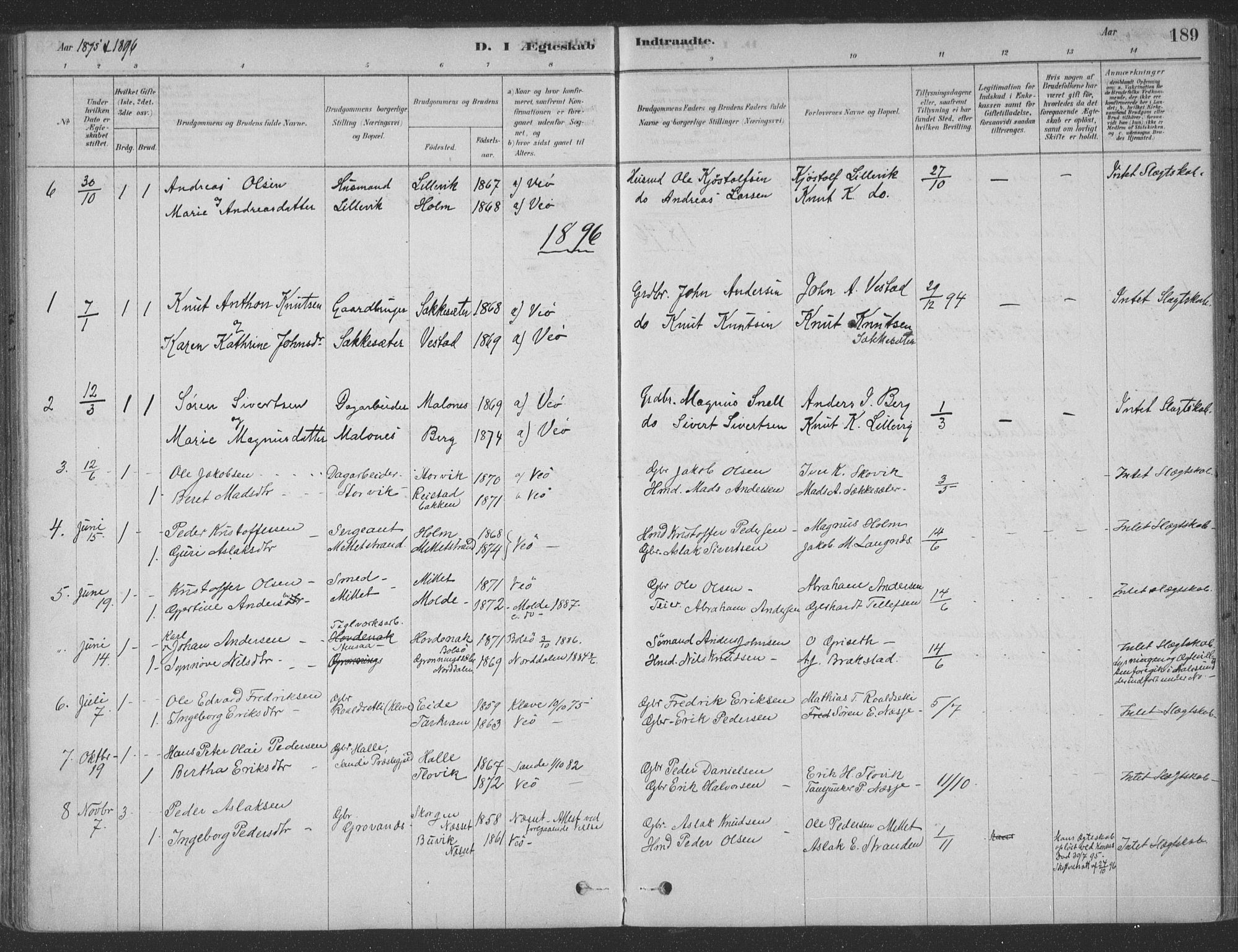 Ministerialprotokoller, klokkerbøker og fødselsregistre - Møre og Romsdal, SAT/A-1454/547/L0604: Parish register (official) no. 547A06, 1878-1906, p. 189