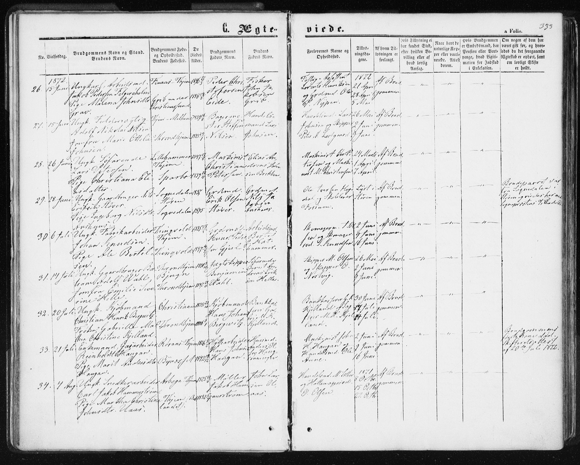 Ministerialprotokoller, klokkerbøker og fødselsregistre - Sør-Trøndelag, SAT/A-1456/601/L0055: Parish register (official) no. 601A23, 1866-1877, p. 333