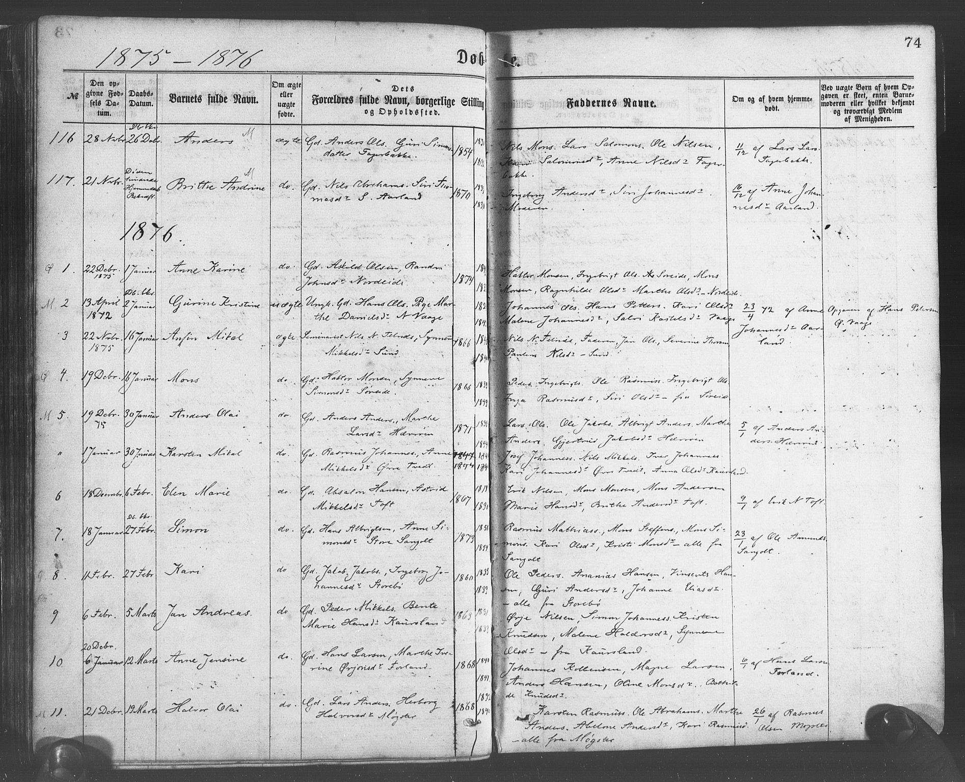 Sund sokneprestembete, SAB/A-99930: Parish register (official) no. A 15, 1867-1881, p. 74