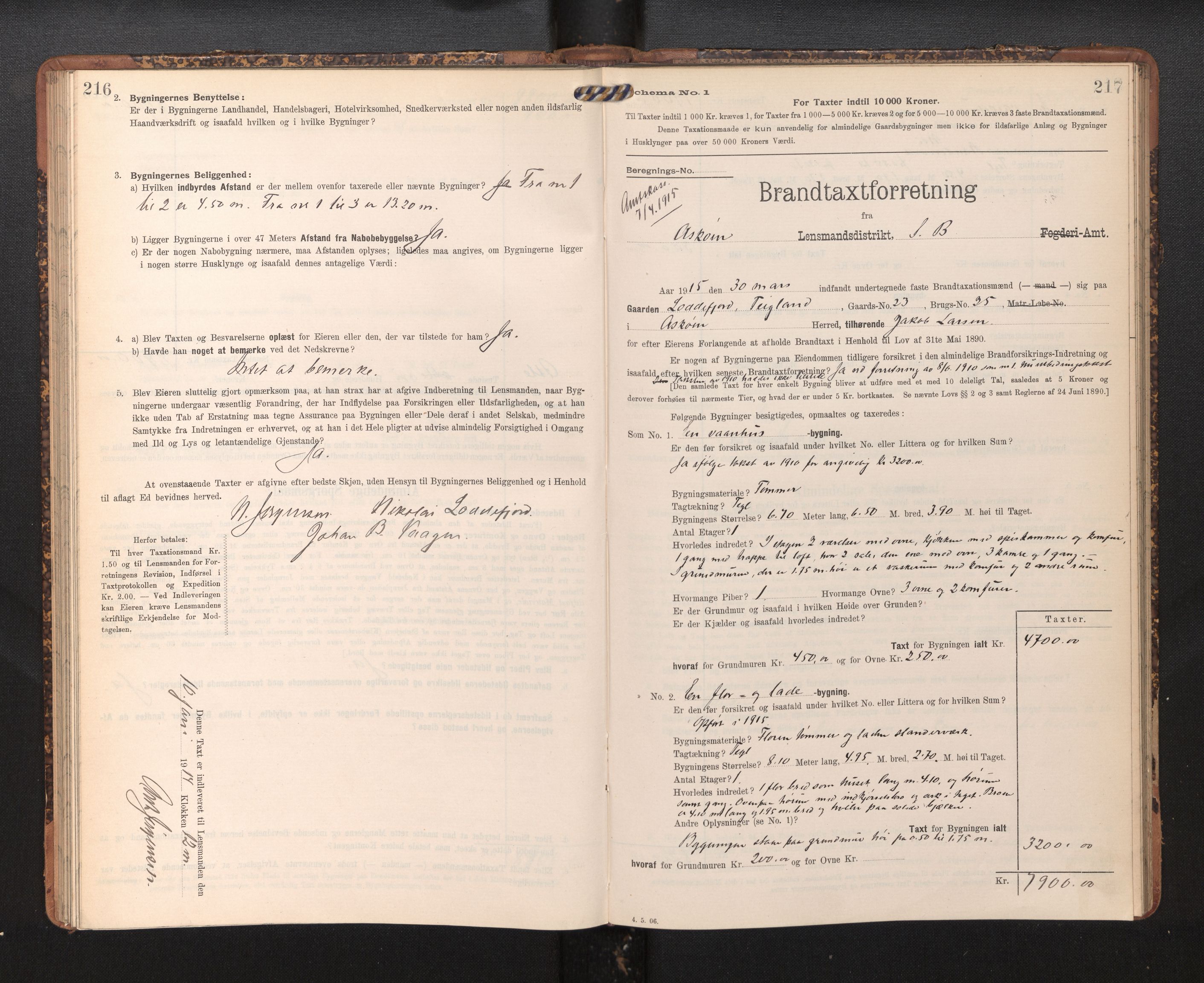 Lensmannen i Askøy, AV/SAB-A-31001/0012/L0005: Branntakstprotokoll, skjematakst, 1907-1915, p. 216-217