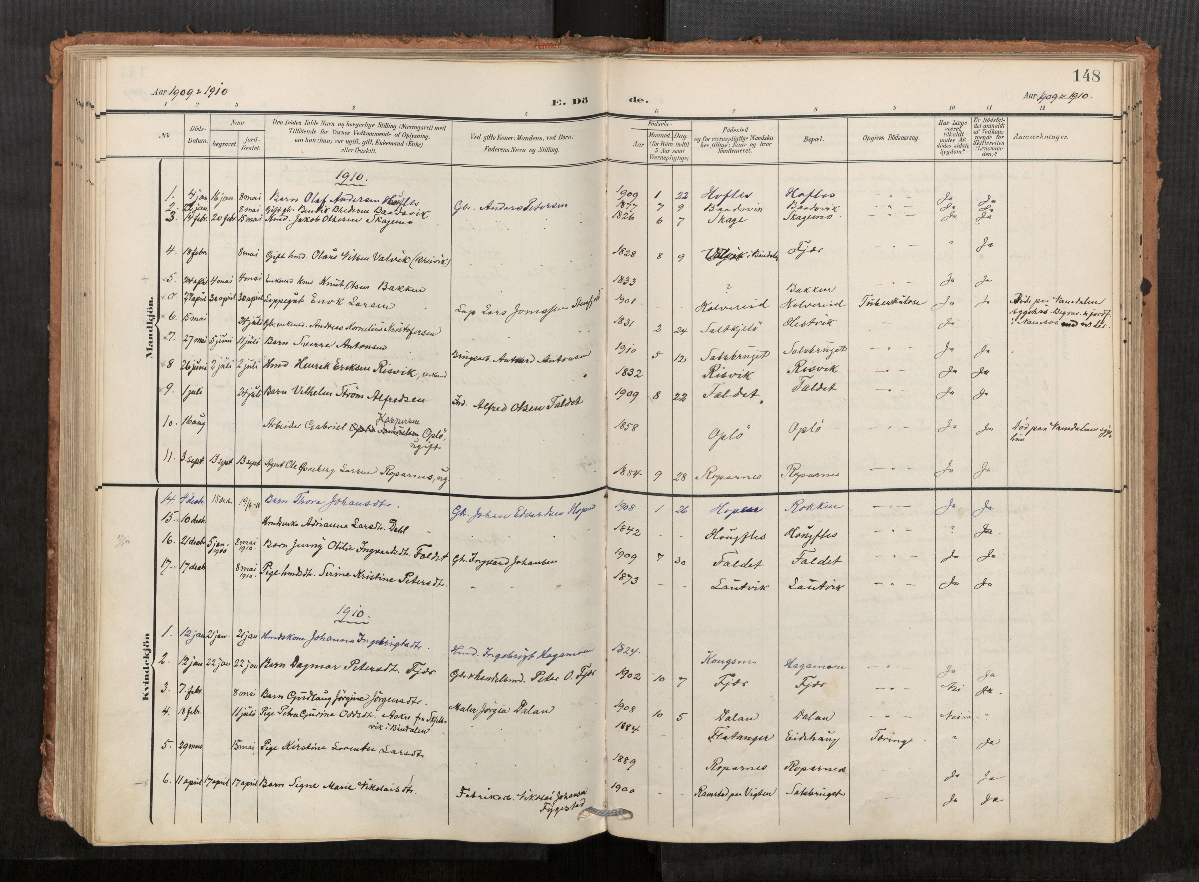Kolvereid sokneprestkontor, SAT/A-1171/H/Ha/Haa/L0001: Parish register (official) no. 1, 1903-1922, p. 148