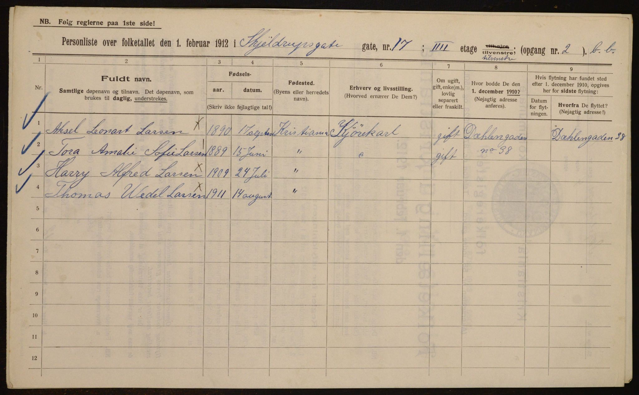 OBA, Municipal Census 1912 for Kristiania, 1912, p. 96445