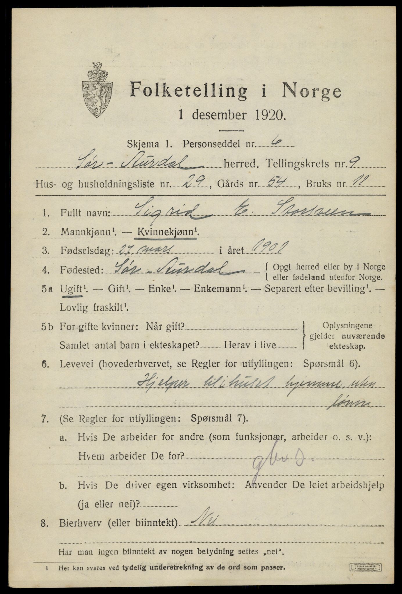 SAH, 1920 census for Sør-Aurdal, 1920, p. 5477