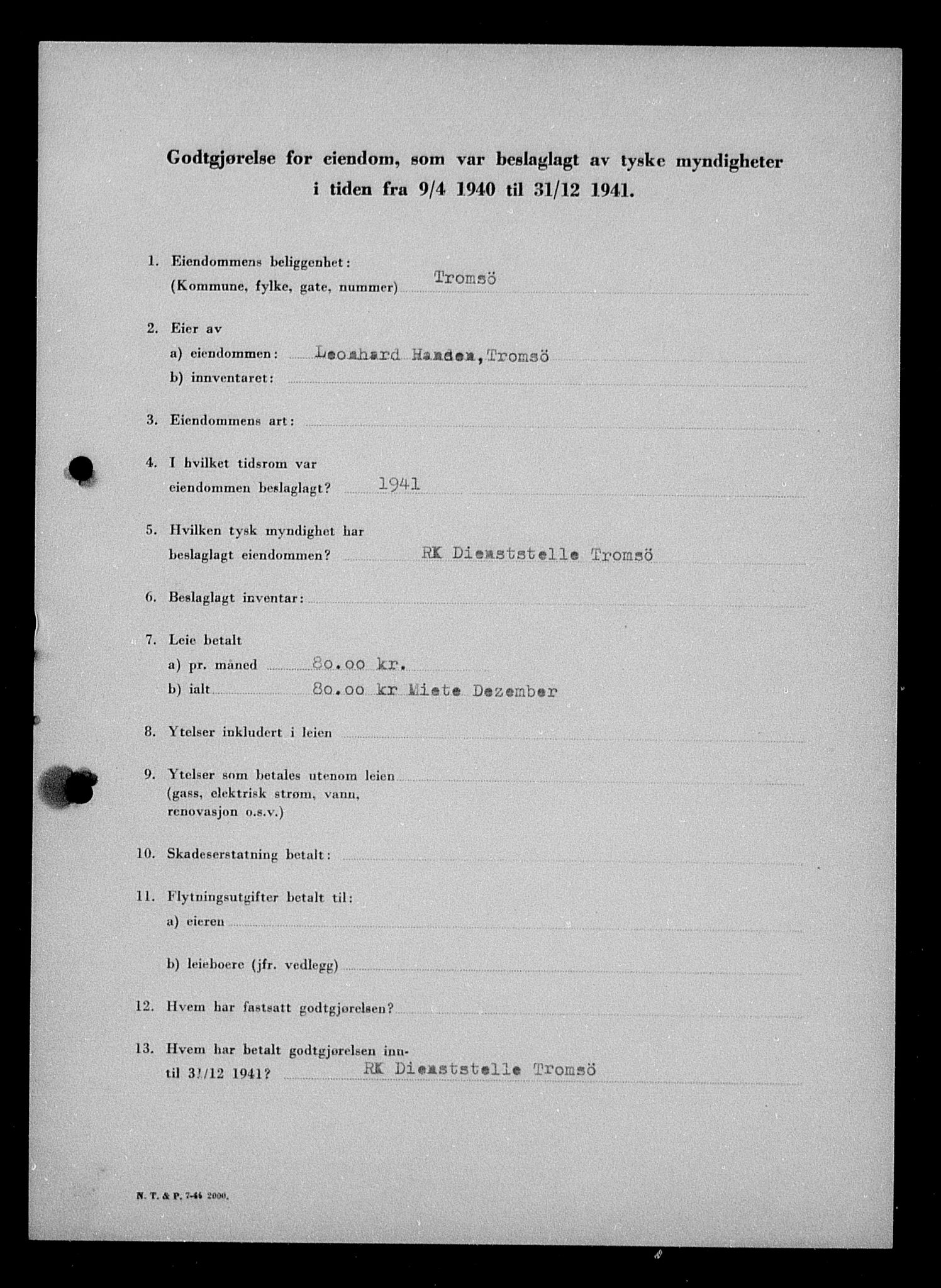 Justisdepartementet, Tilbakeføringskontoret for inndratte formuer, AV/RA-S-1564/I/L1019: Godtgjørelse for beslaglagt eiendom, 1940-1941, p. 123