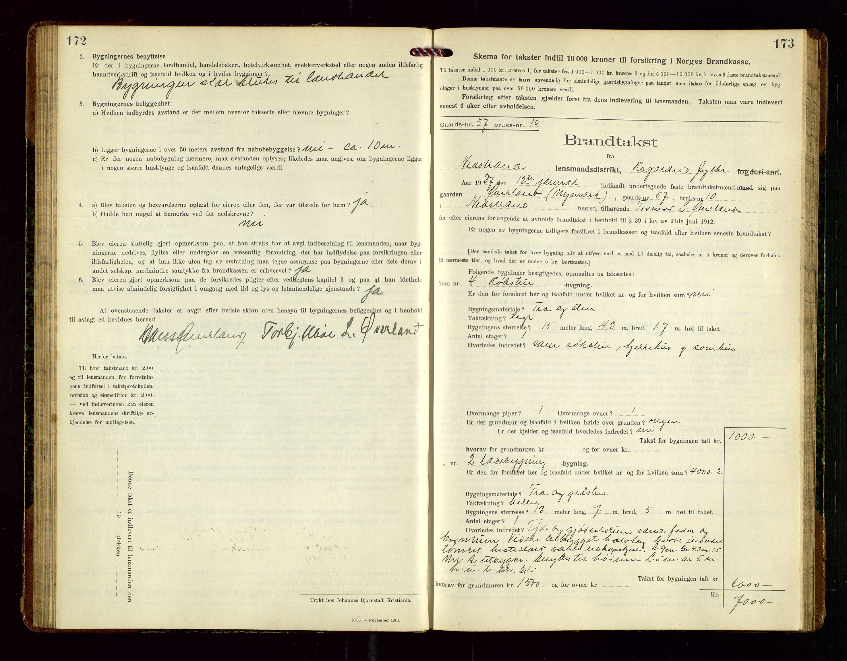 Nedstrand lensmannskontor, SAST/A-100236/Gob/L0002: "Brandtakstprotokol for Nerstrand lensmandsdistrikt Rogaland Fylke", 1916-1949, p. 172-173