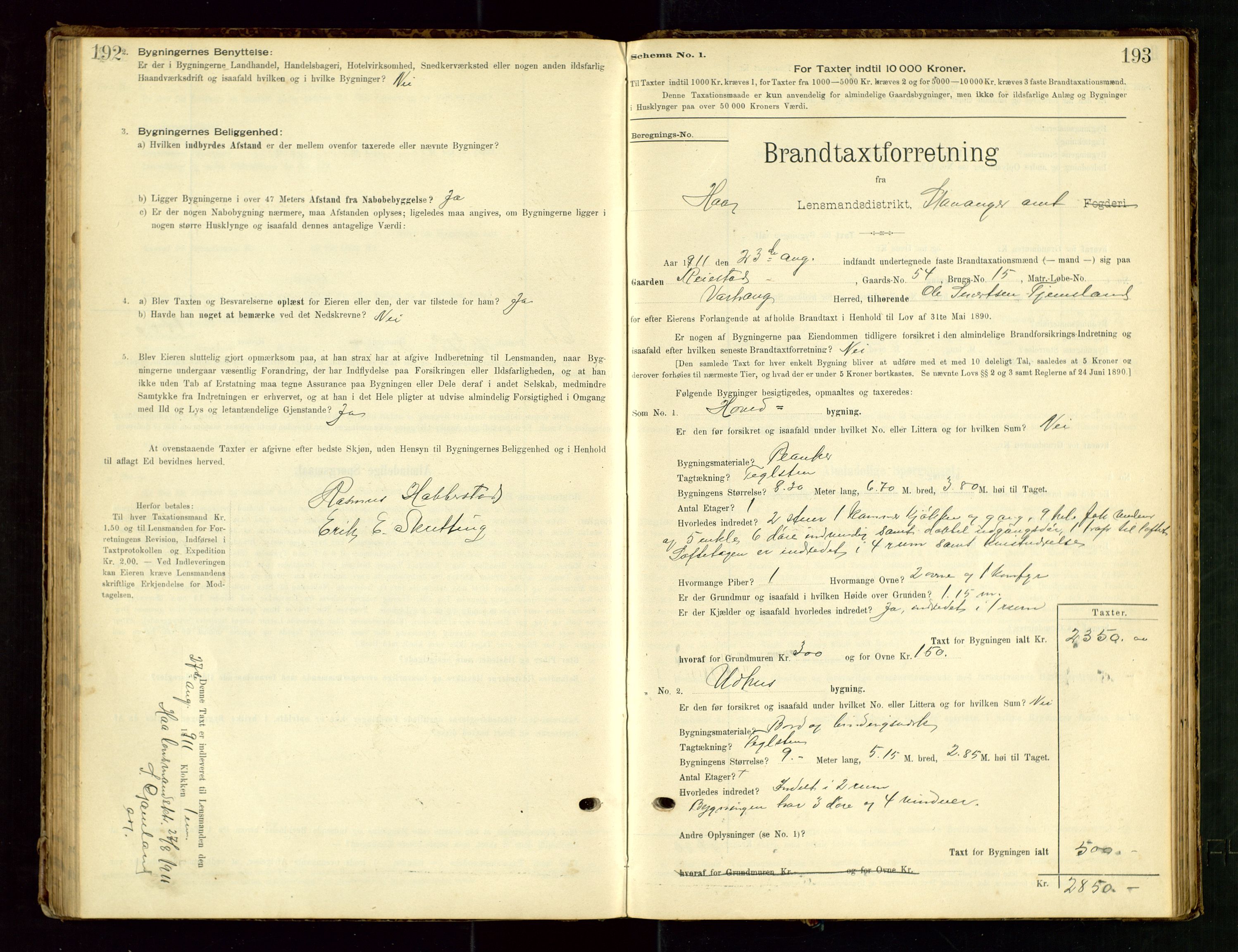 Hå lensmannskontor, SAST/A-100456/Goa/L0003: Takstprotokoll (skjema), 1895-1911, p. 192-193