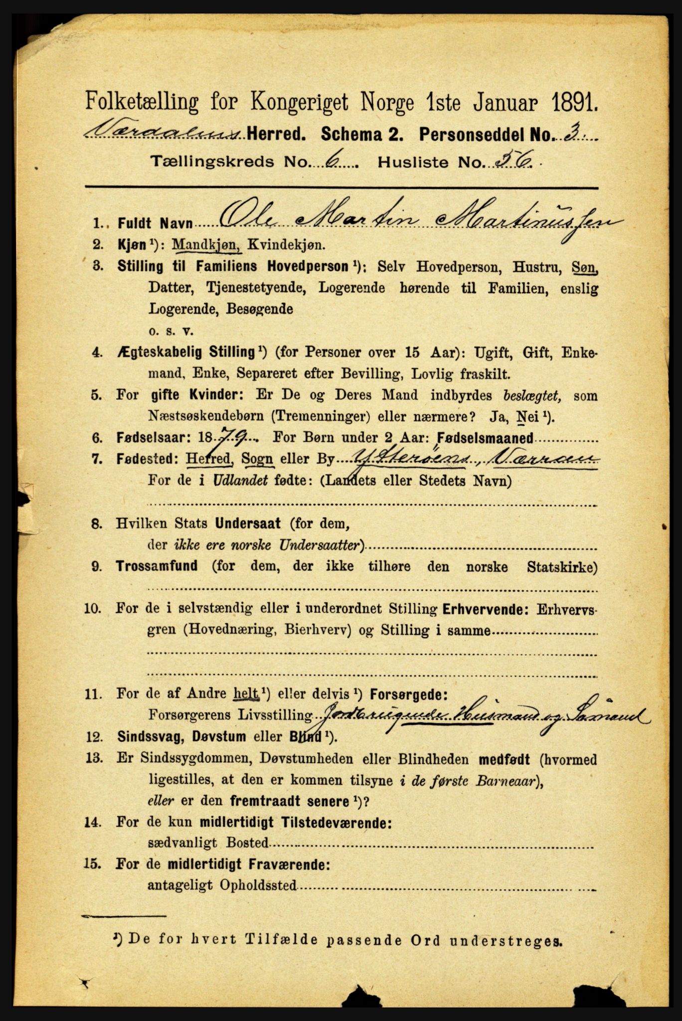 RA, 1891 census for 1721 Verdal, 1891, p. 3907