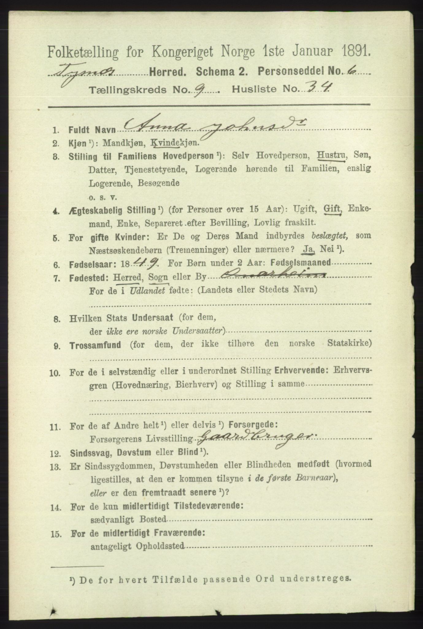 RA, 1891 census for 1223 Tysnes, 1891, p. 4412