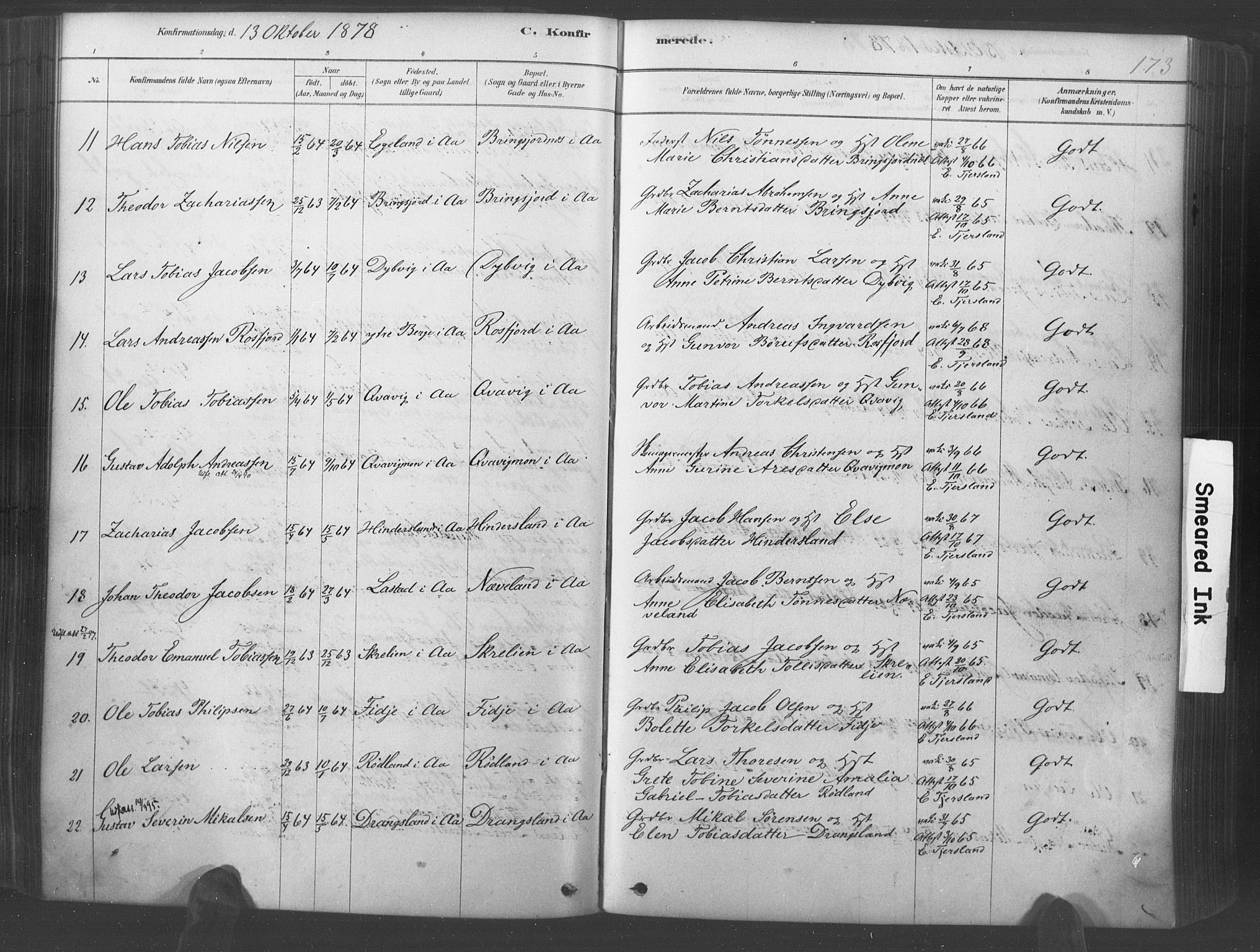 Lyngdal sokneprestkontor, AV/SAK-1111-0029/F/Fa/Fac/L0011: Parish register (official) no. A 11, 1878-1893, p. 173