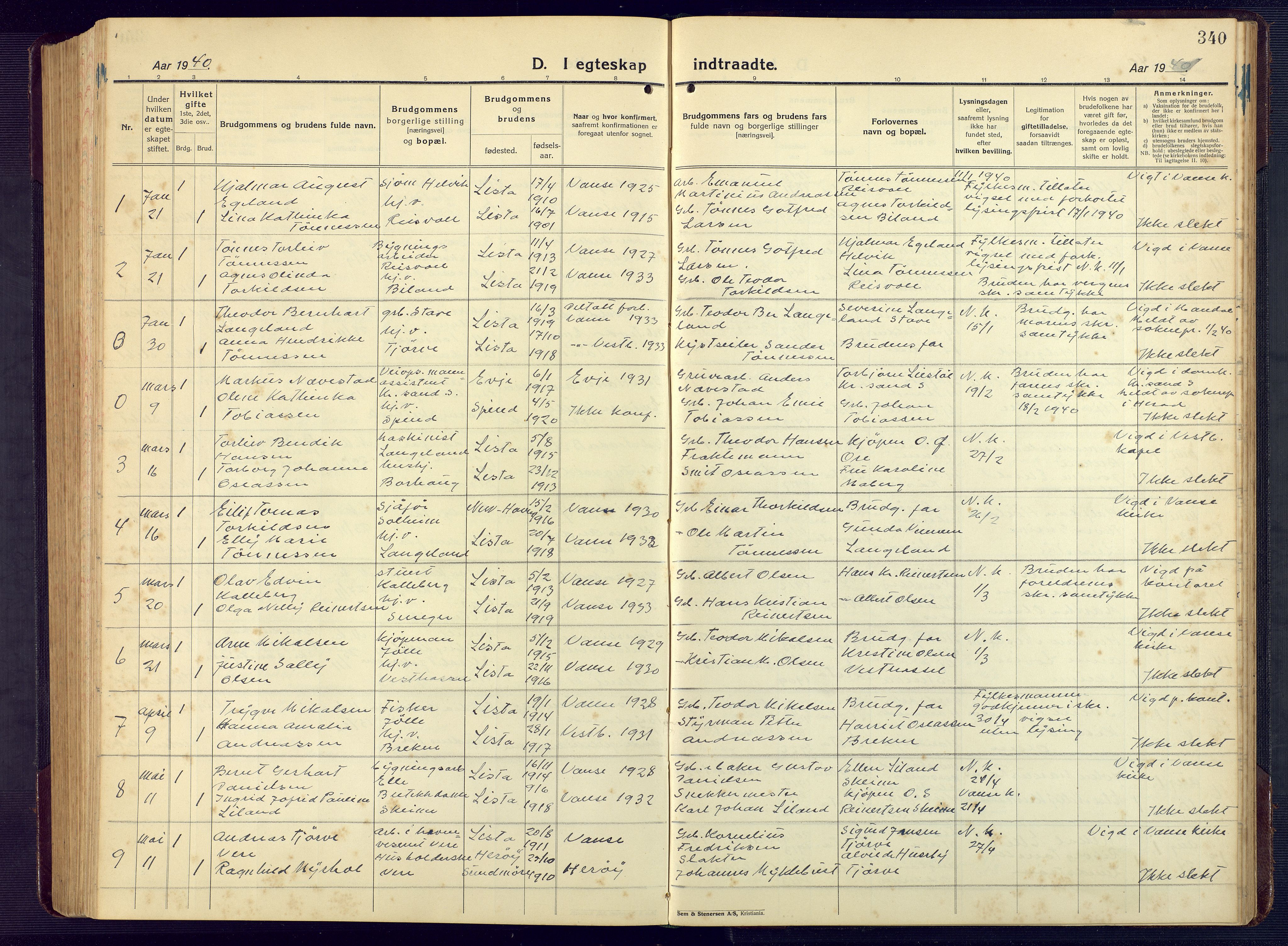 Lista sokneprestkontor, AV/SAK-1111-0027/F/Fb/L0006: Parish register (copy) no. B 6, 1924-1947, p. 340