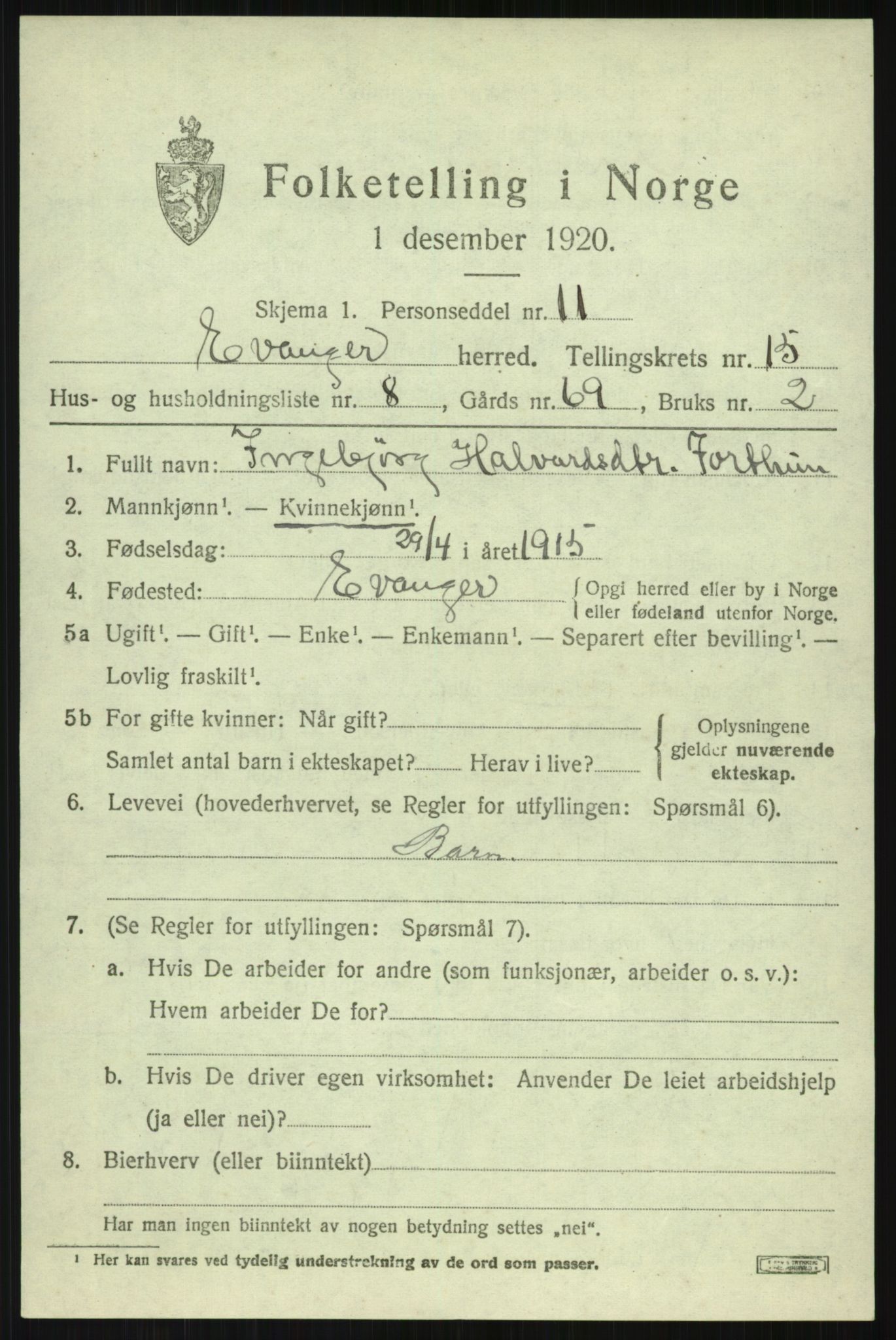 SAB, 1920 census for Evanger, 1920, p. 4241