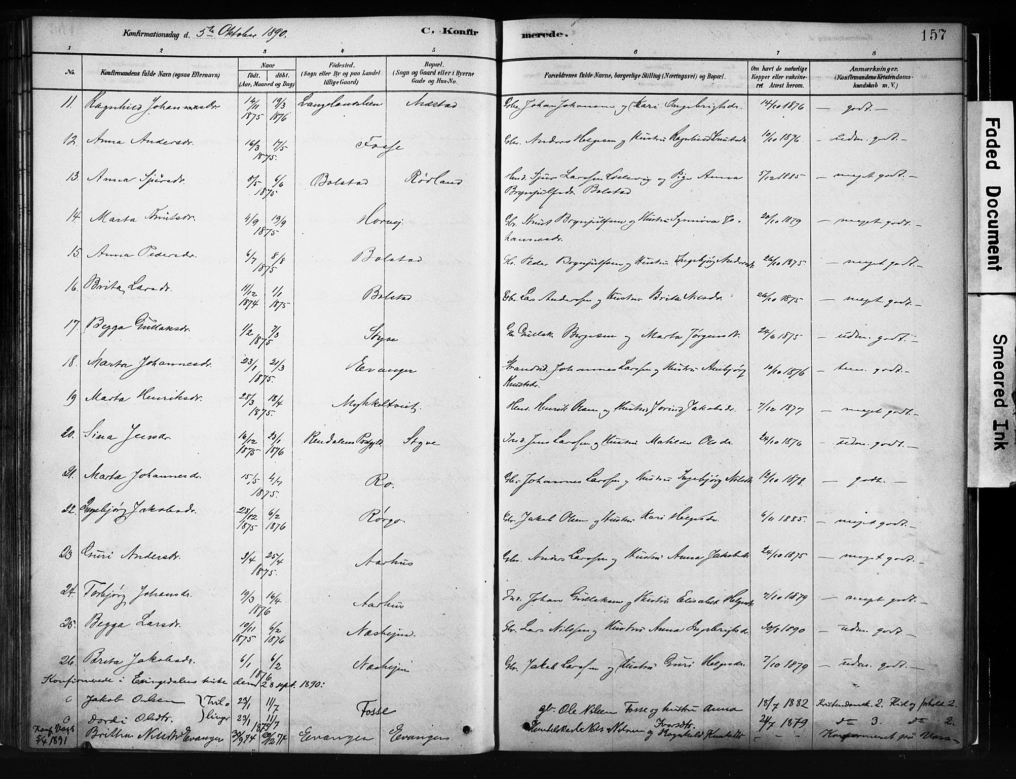 Evanger sokneprestembete, AV/SAB-A-99924: Parish register (official) no. A 1, 1877-1899, p. 157