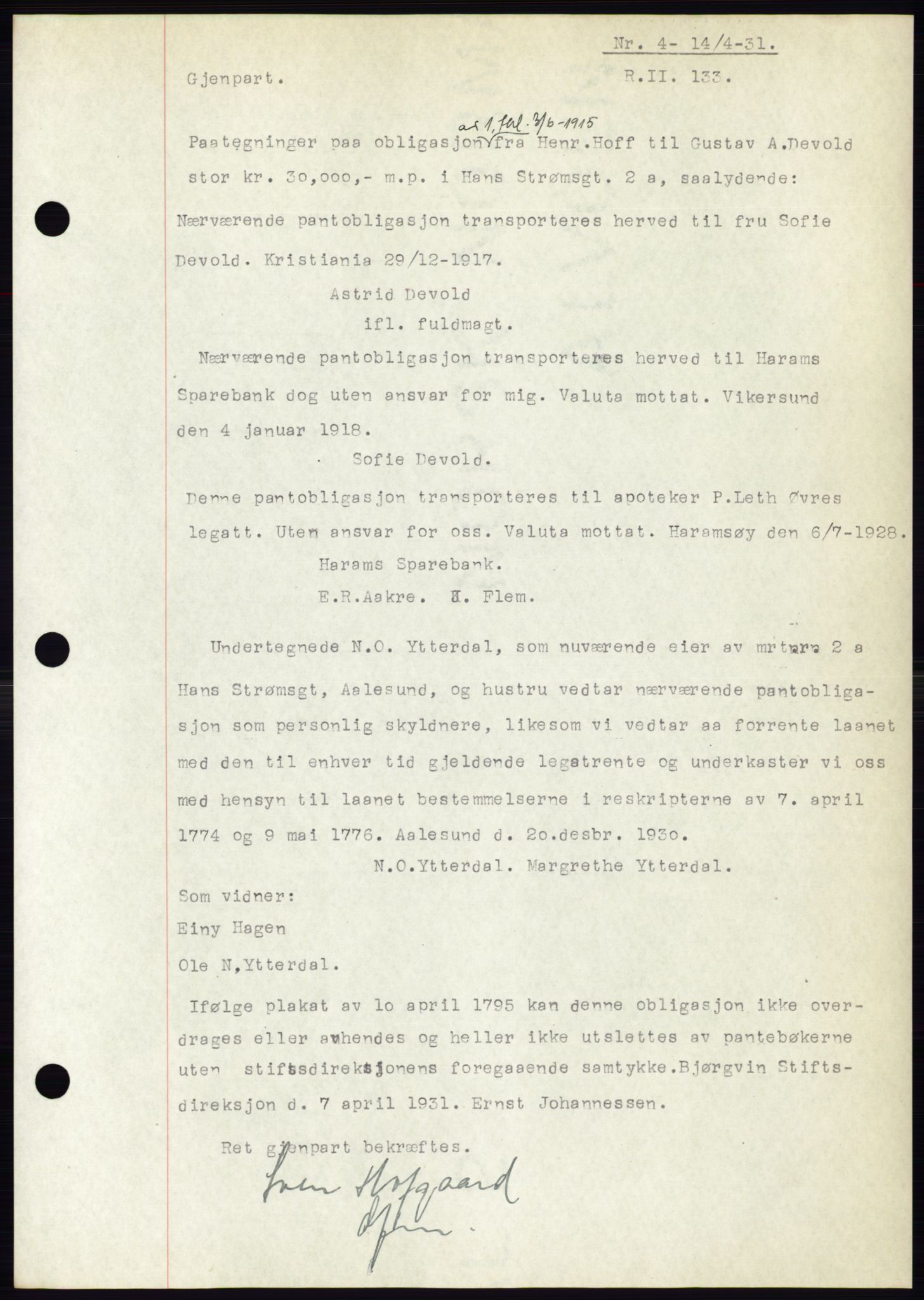 Ålesund byfogd, AV/SAT-A-4384: Mortgage book no. 27, 1930-1931, Deed date: 14.04.1931