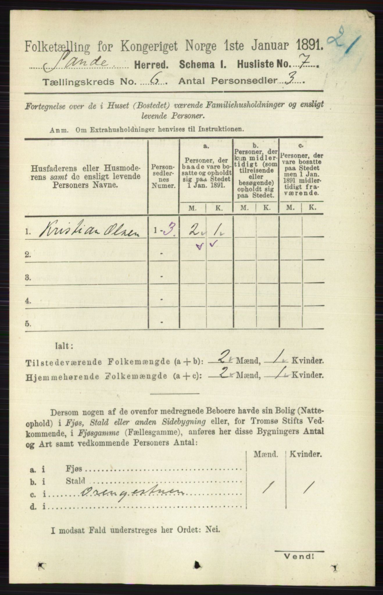 RA, 1891 census for 0713 Sande, 1891, p. 2616