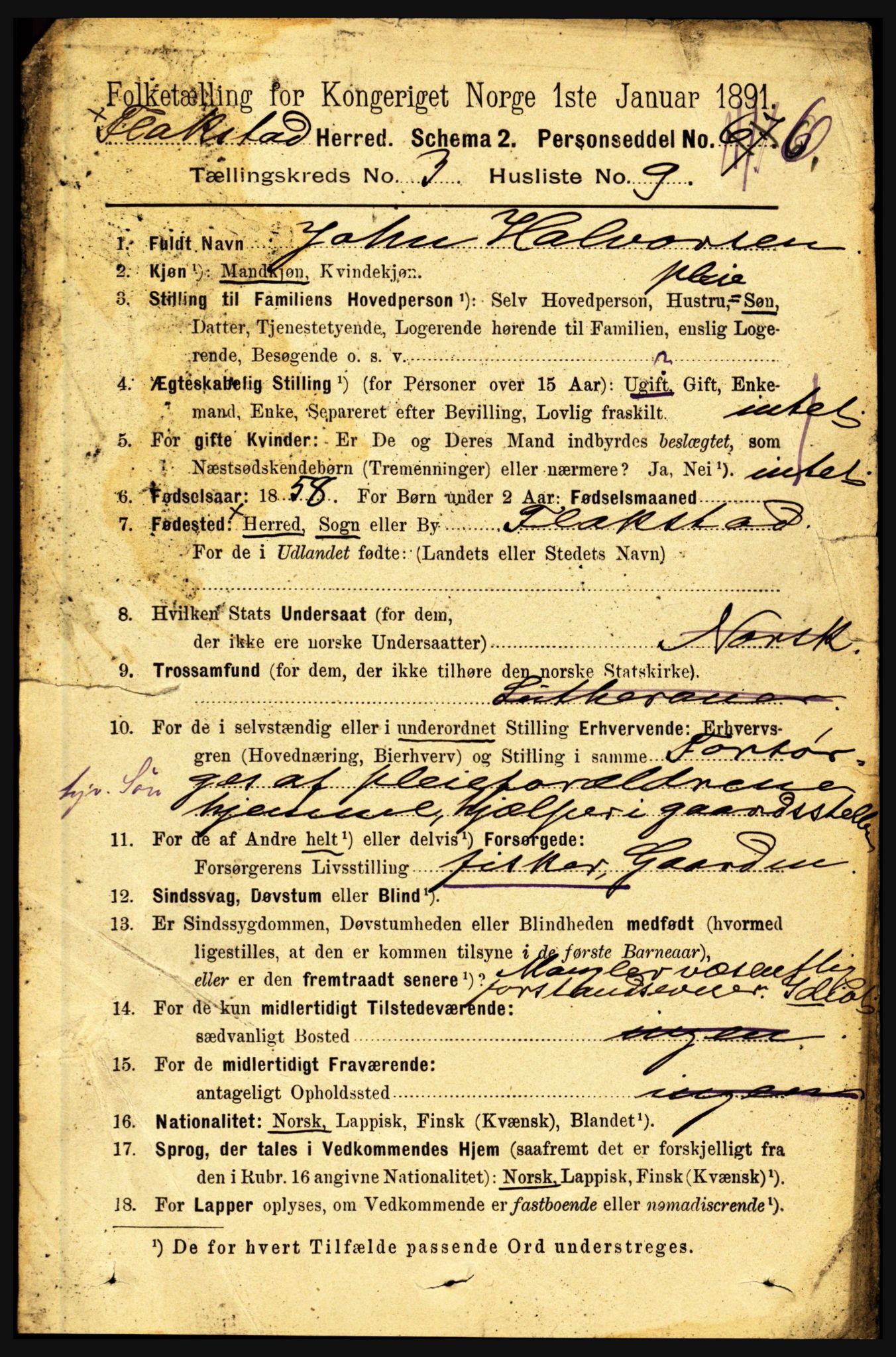 RA, 1891 census for 1859 Flakstad, 1891, p. 1365