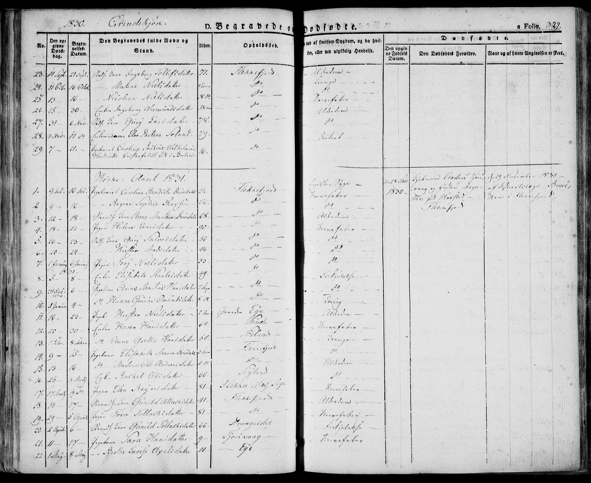 Flekkefjord sokneprestkontor, SAK/1111-0012/F/Fa/Fac/L0003: Parish register (official) no. A 3, 1826-1841, p. 329