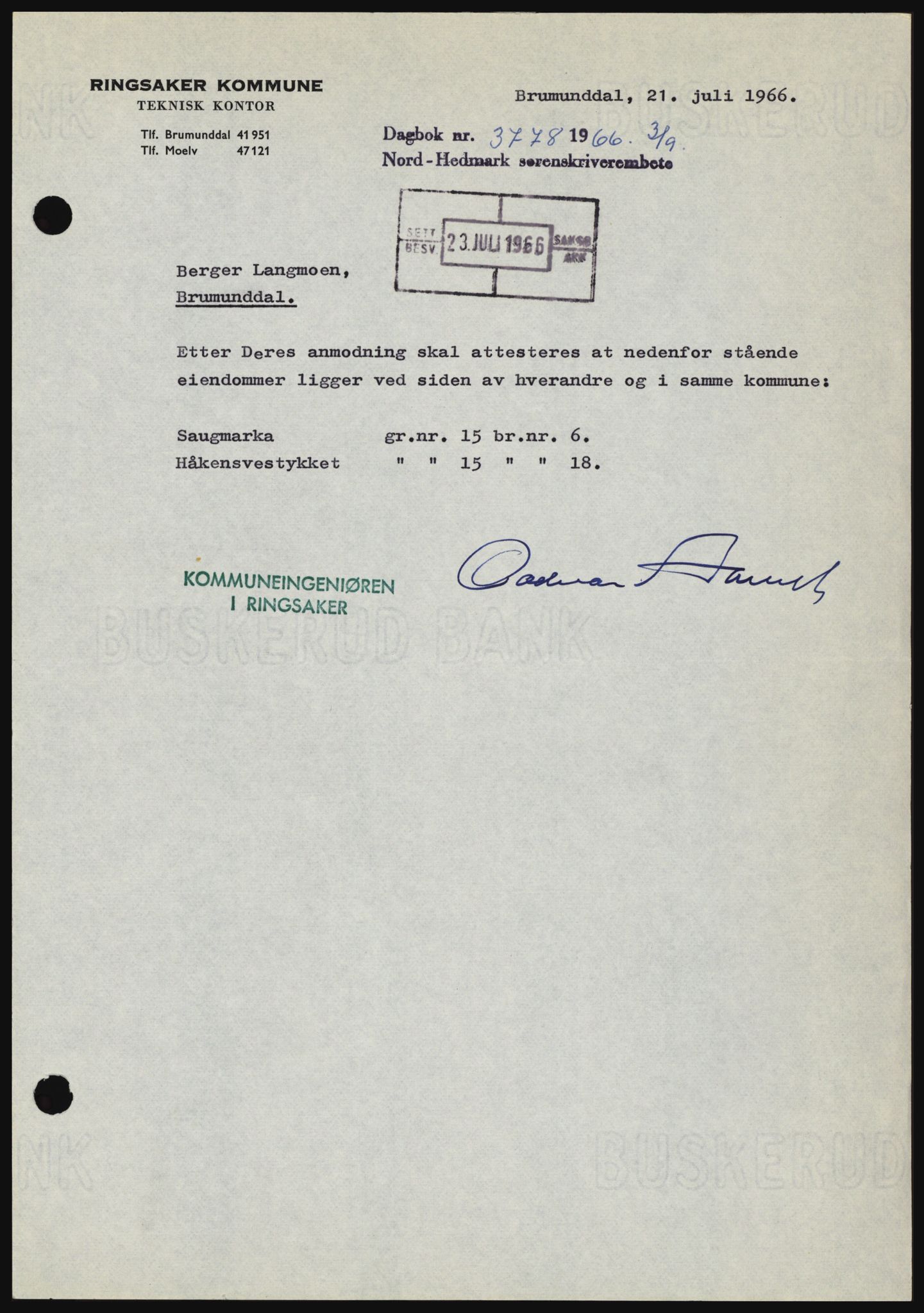 Nord-Hedmark sorenskriveri, SAH/TING-012/H/Hc/L0024: Mortgage book no. 24, 1966-1966, Diary no: : 3778/1966