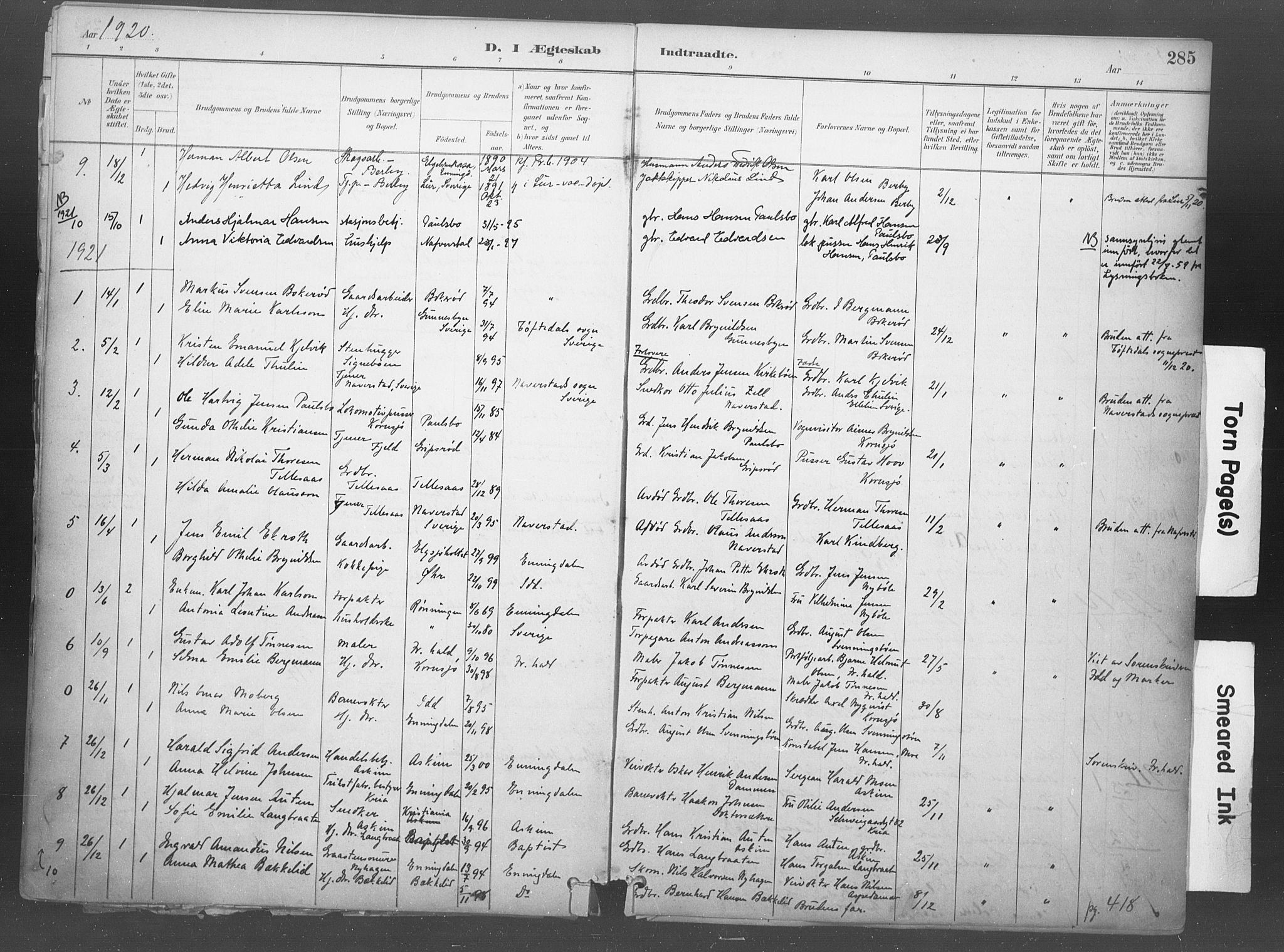 Idd prestekontor Kirkebøker, SAO/A-10911/F/Fb/L0002: Parish register (official) no. II 2, 1882-1923, p. 285