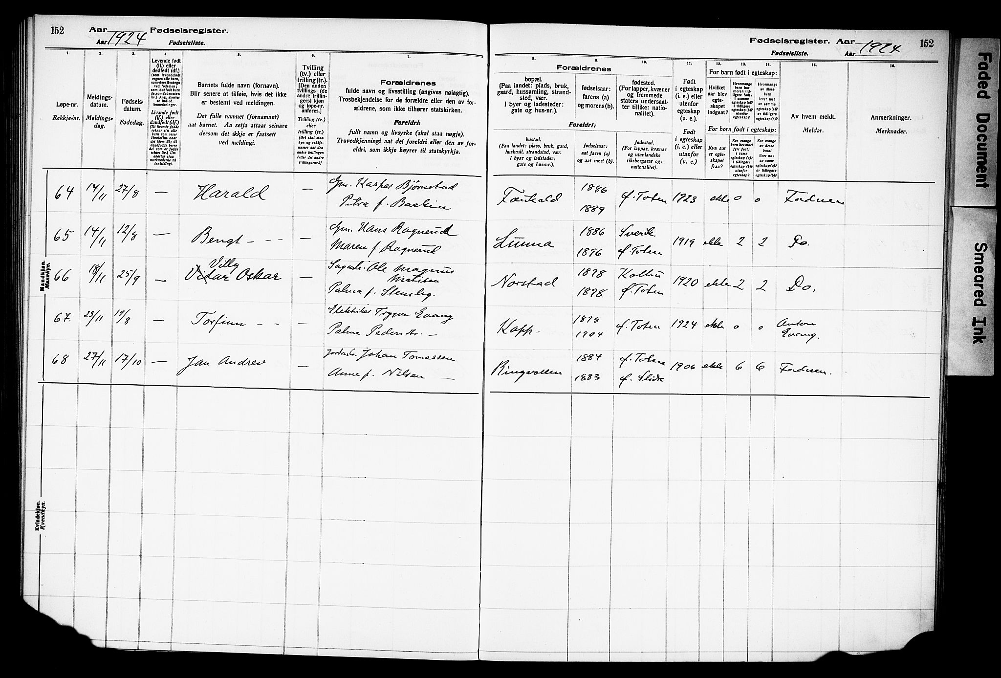 Østre Toten prestekontor, AV/SAH-PREST-104/I/Id/L0001/0001: Birth register no. 1.1, 1916-1928, p. 152