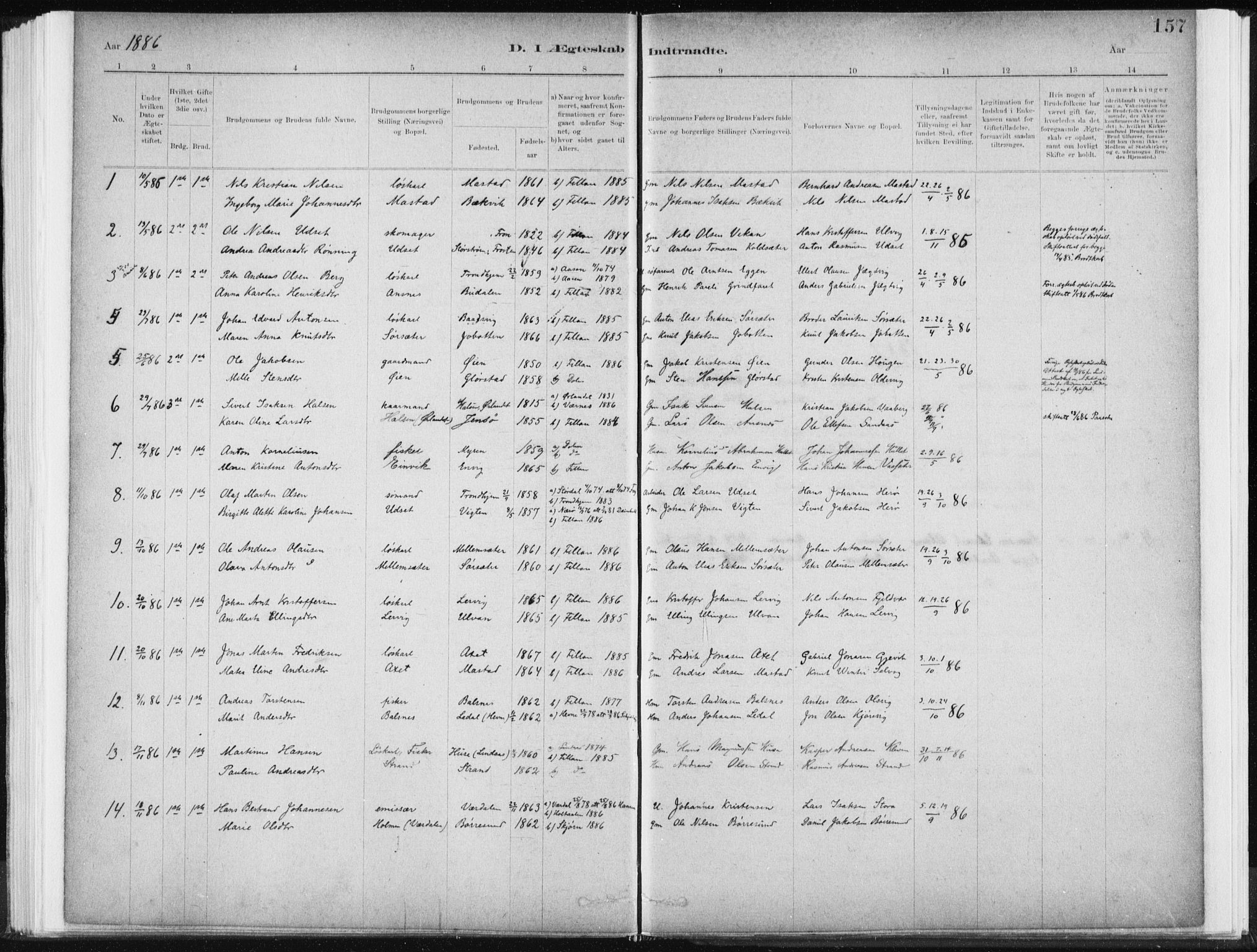 Ministerialprotokoller, klokkerbøker og fødselsregistre - Sør-Trøndelag, AV/SAT-A-1456/637/L0558: Parish register (official) no. 637A01, 1882-1899, p. 157