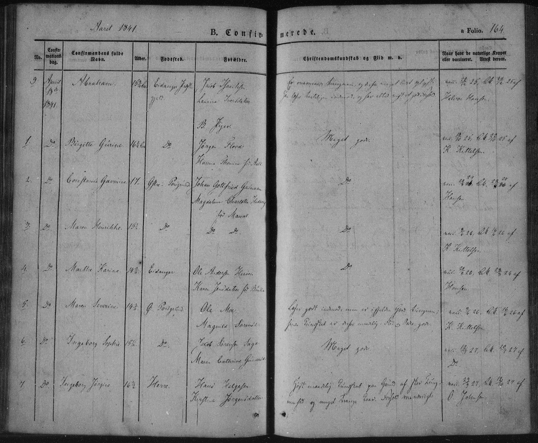 Porsgrunn kirkebøker , SAKO/A-104/F/Fa/L0006: Parish register (official) no. 6, 1841-1857, p. 164