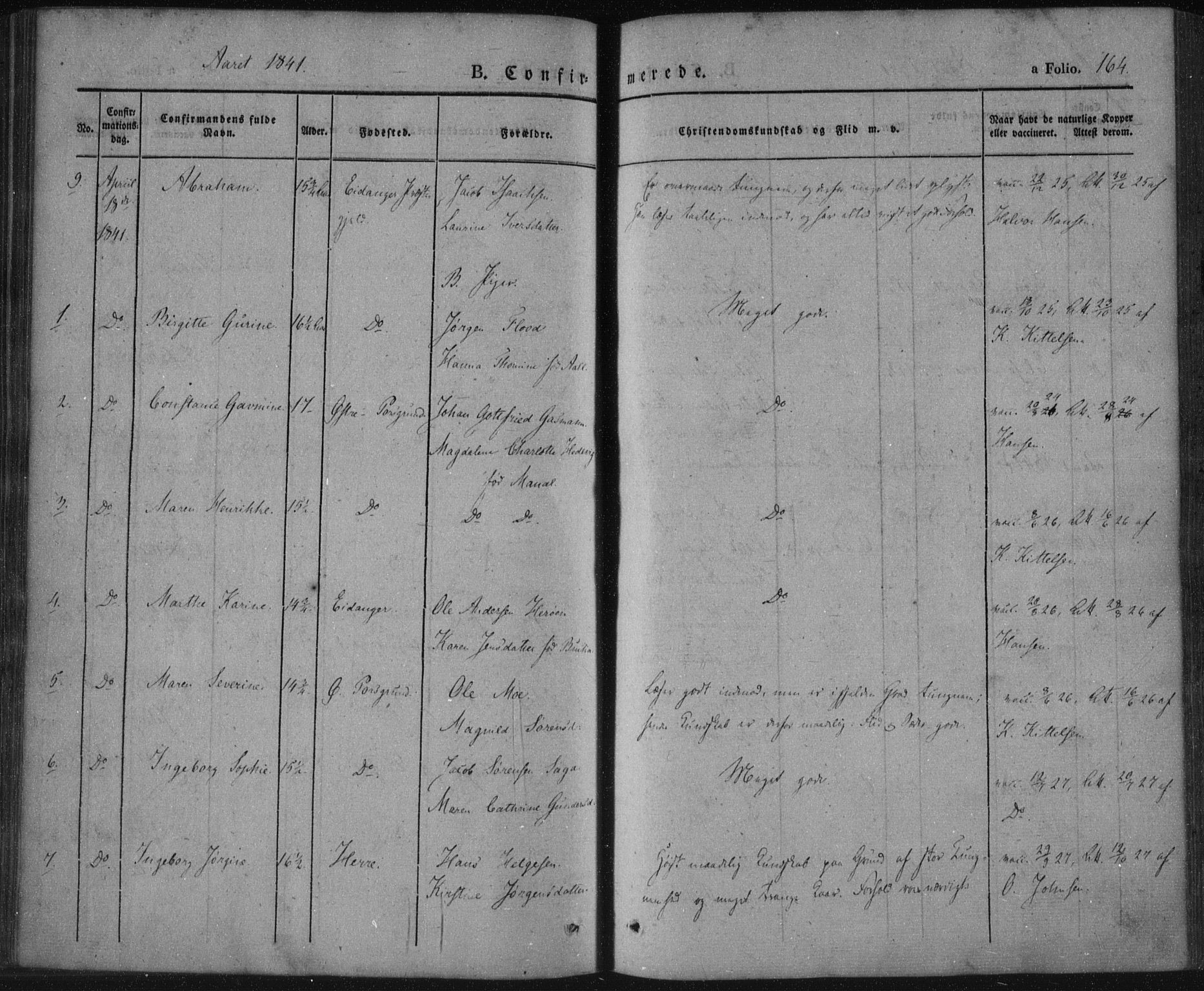 Porsgrunn kirkebøker , AV/SAKO-A-104/F/Fa/L0006: Parish register (official) no. 6, 1841-1857, p. 164